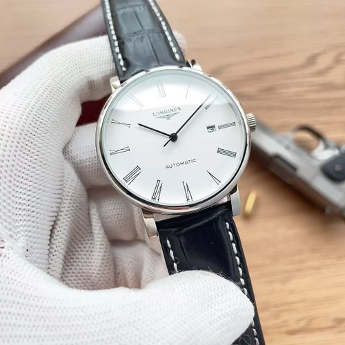Silver Black White Dial Leather Strap Watch — front