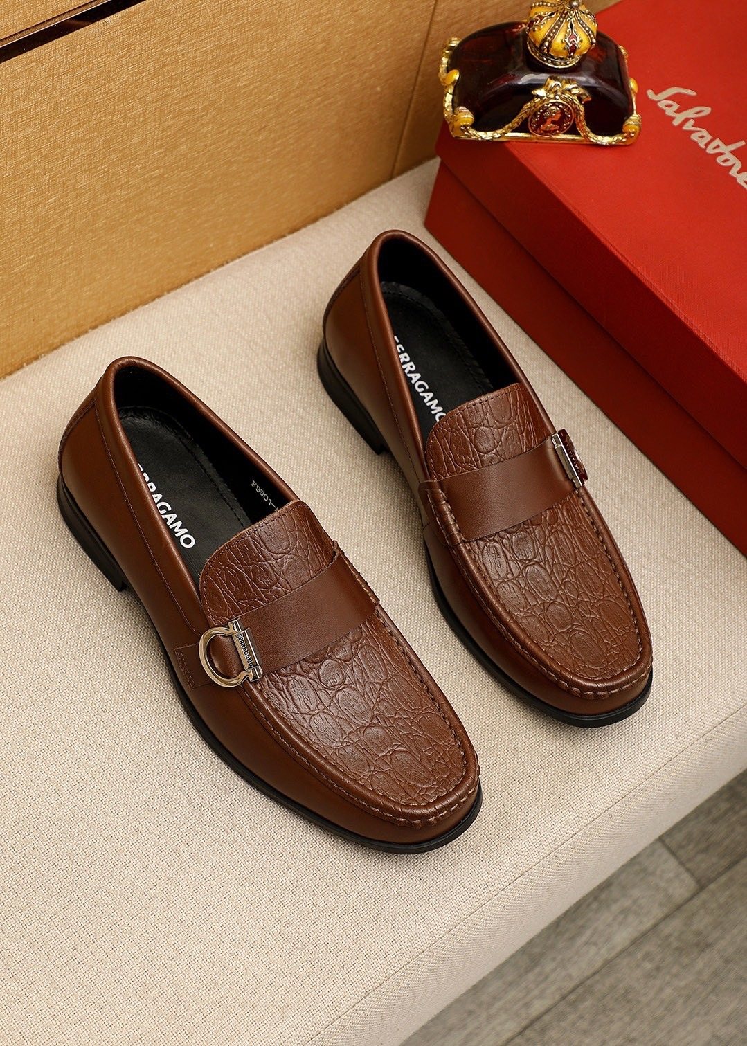 Ferragamo Textured Metal Bit Leather Loafers — hero
