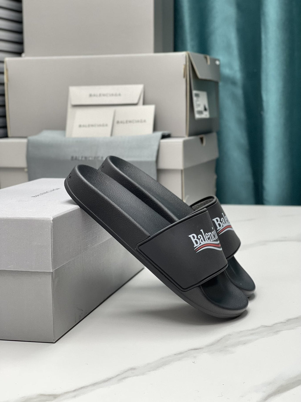 Balenciaga Logo Stripe Slide Sandals — front
