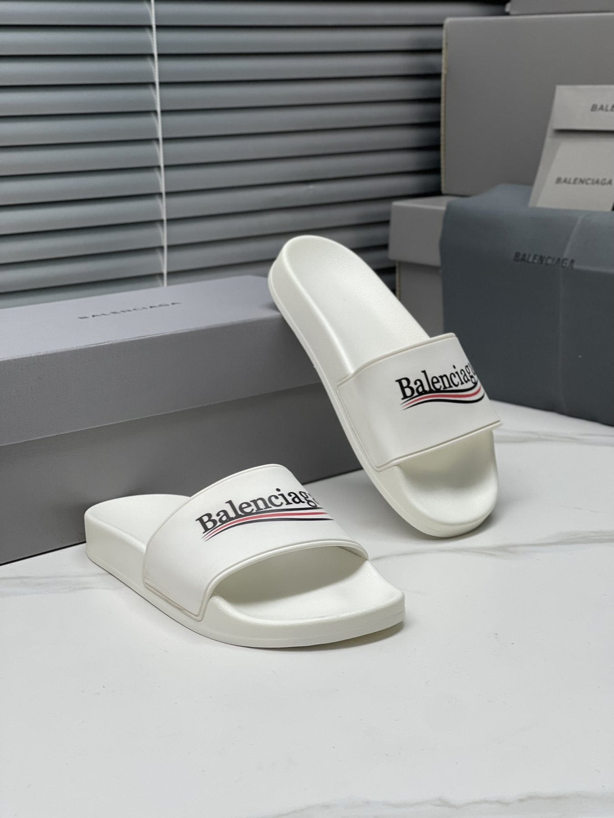 Balenciaga Logo Stripe Slide Sandals — front