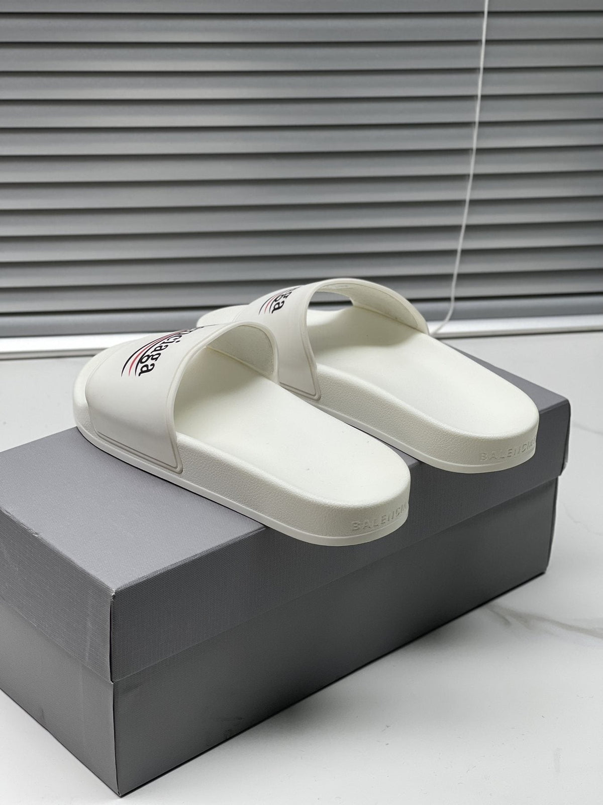 Balenciaga Logo Stripe Slide Sandals — side