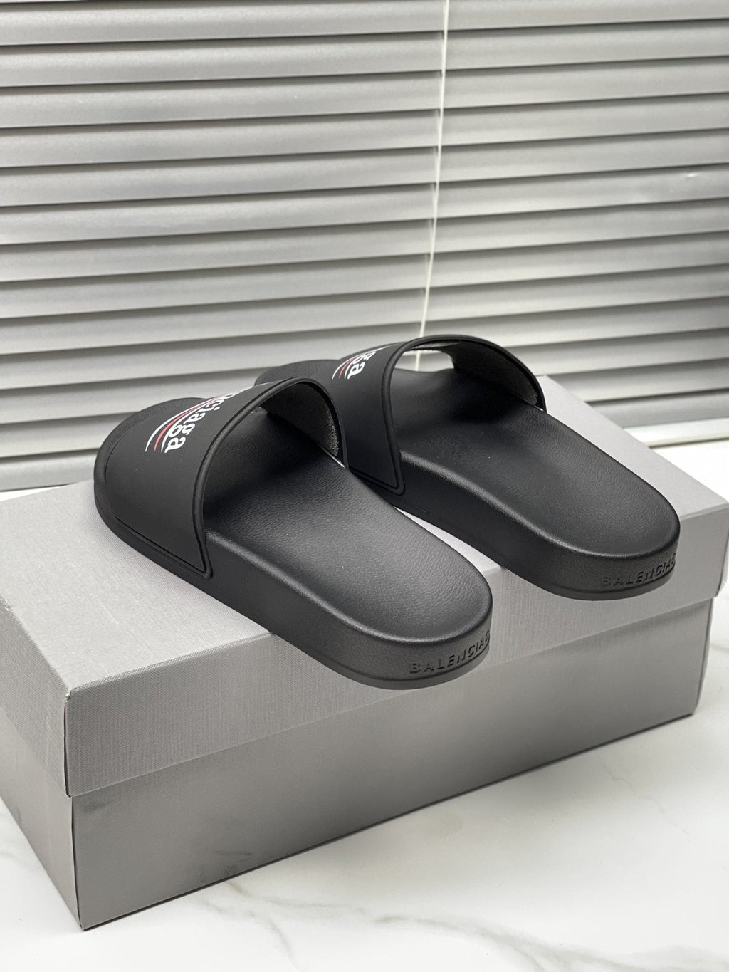Balenciaga Logo Stripe Slide Sandals — side