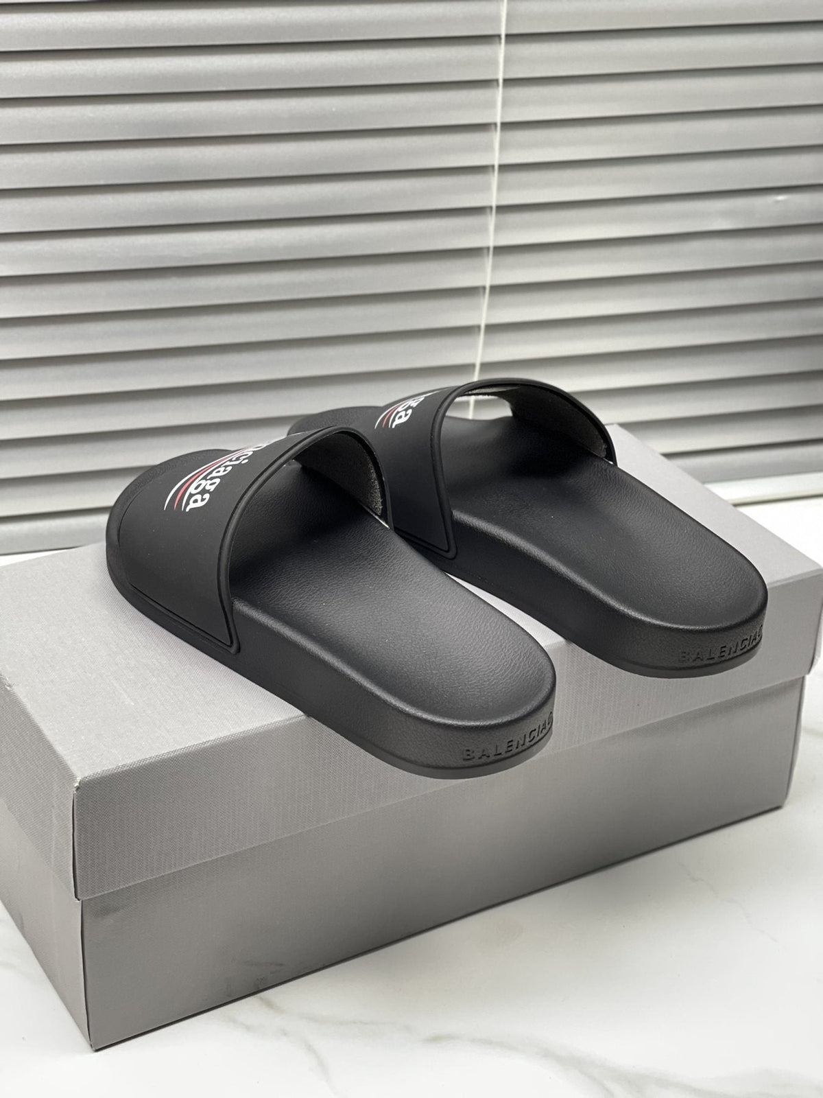 Balenciaga Logo Stripe Slide Sandals — side