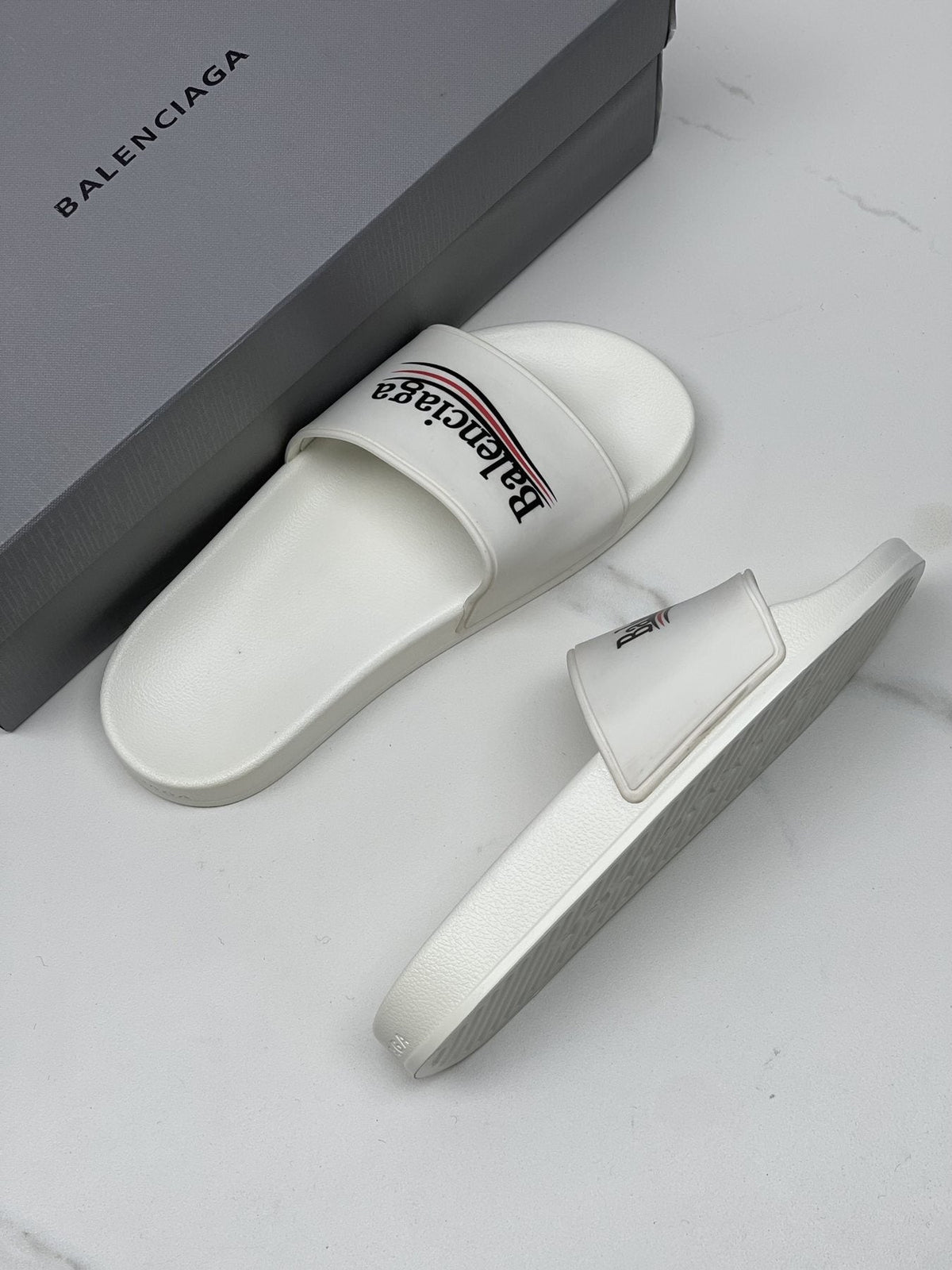 Balenciaga Logo Stripe Slide Sandals — side