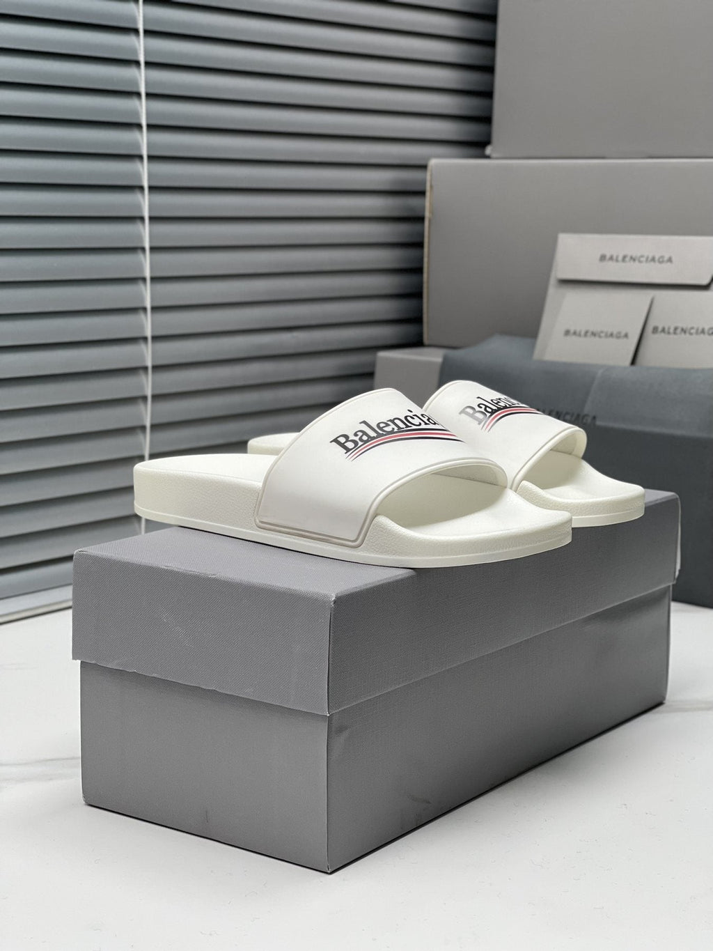 Balenciaga Logo Stripe Slide Sandals — front