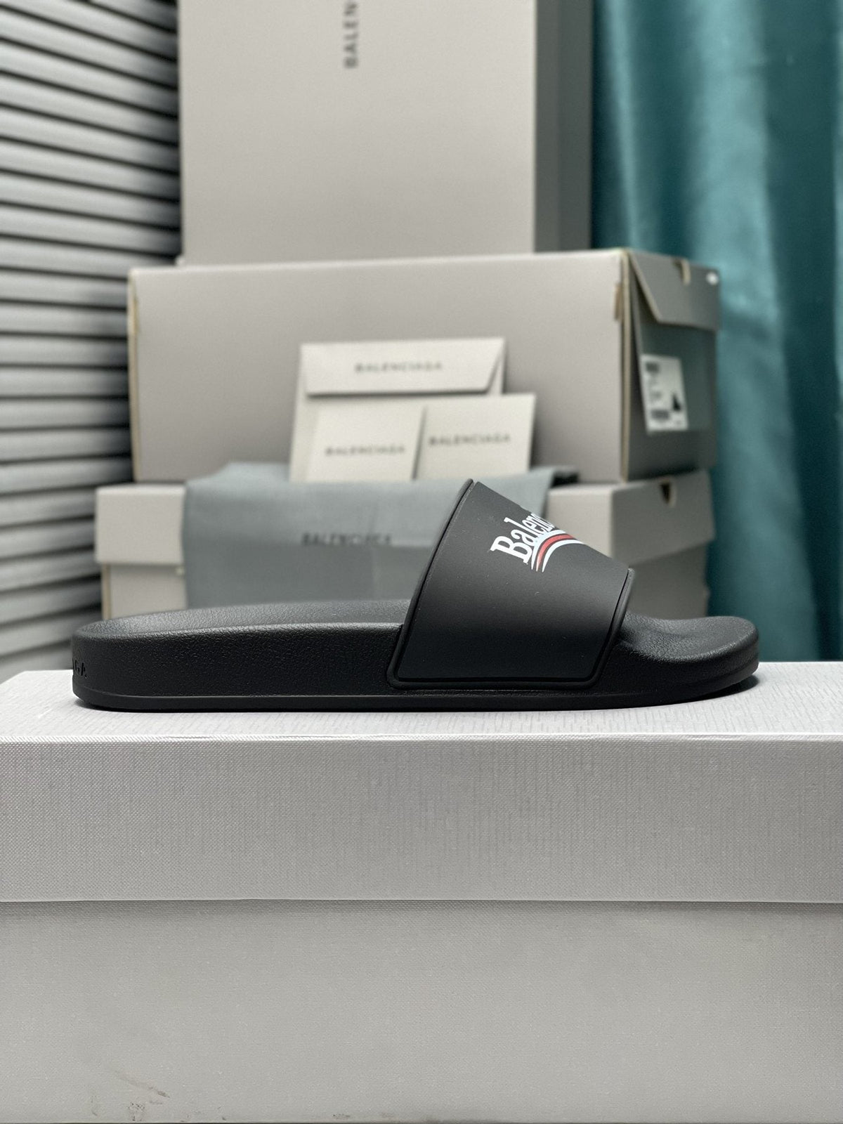 Balenciaga Logo Stripe Slide Sandals — side