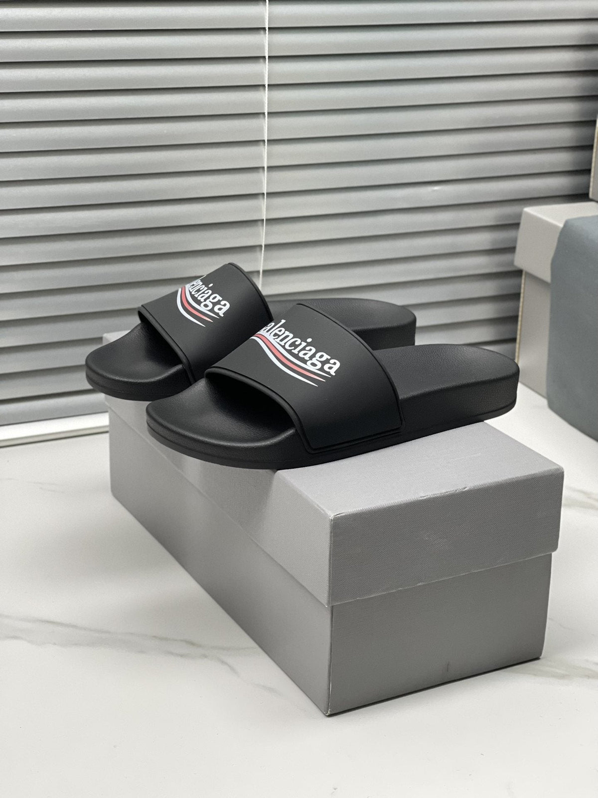 Balenciaga Logo Stripe Slide Sandals — hero