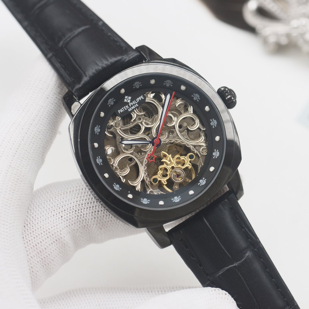 PATEK PHILIPPE Silver Black Dial Strap Watch — hero