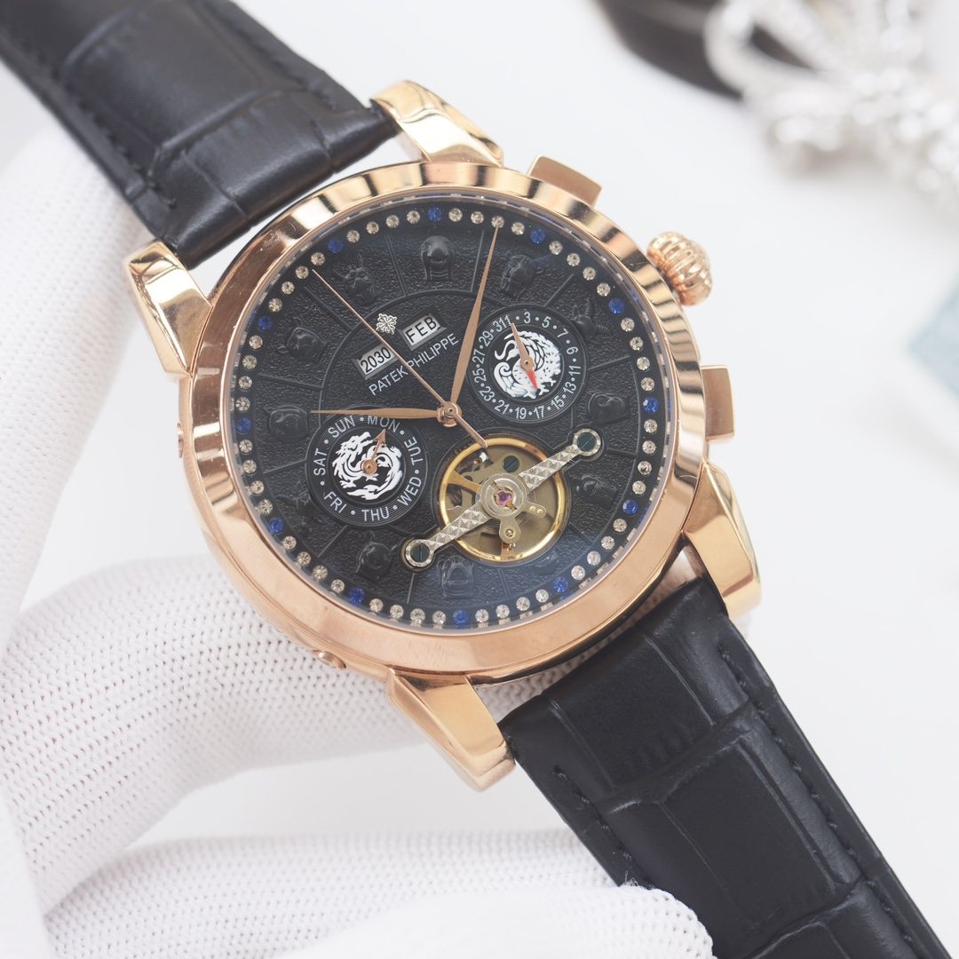 PATEK PHILIPPE Rose Gold Black Dial Leather Strap Watch — hero