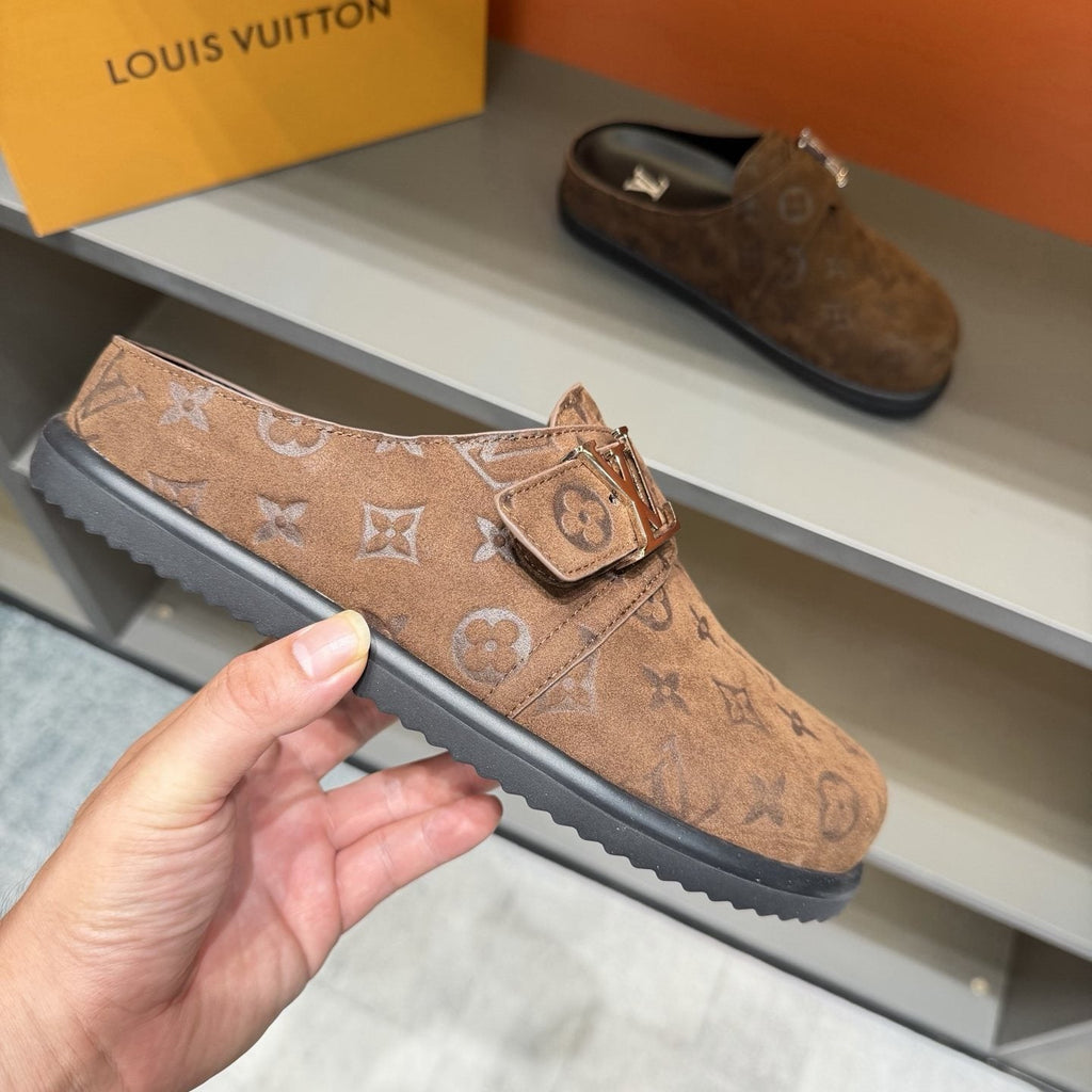 Louis Vuitton Embossed Buckle Slide Sandals — model