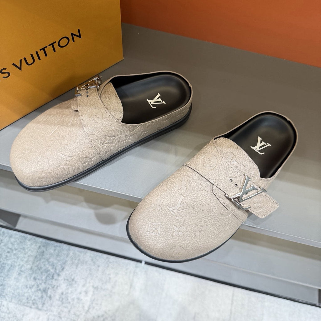 Louis Vuitton Embossed Buckle Slide Sandals — front