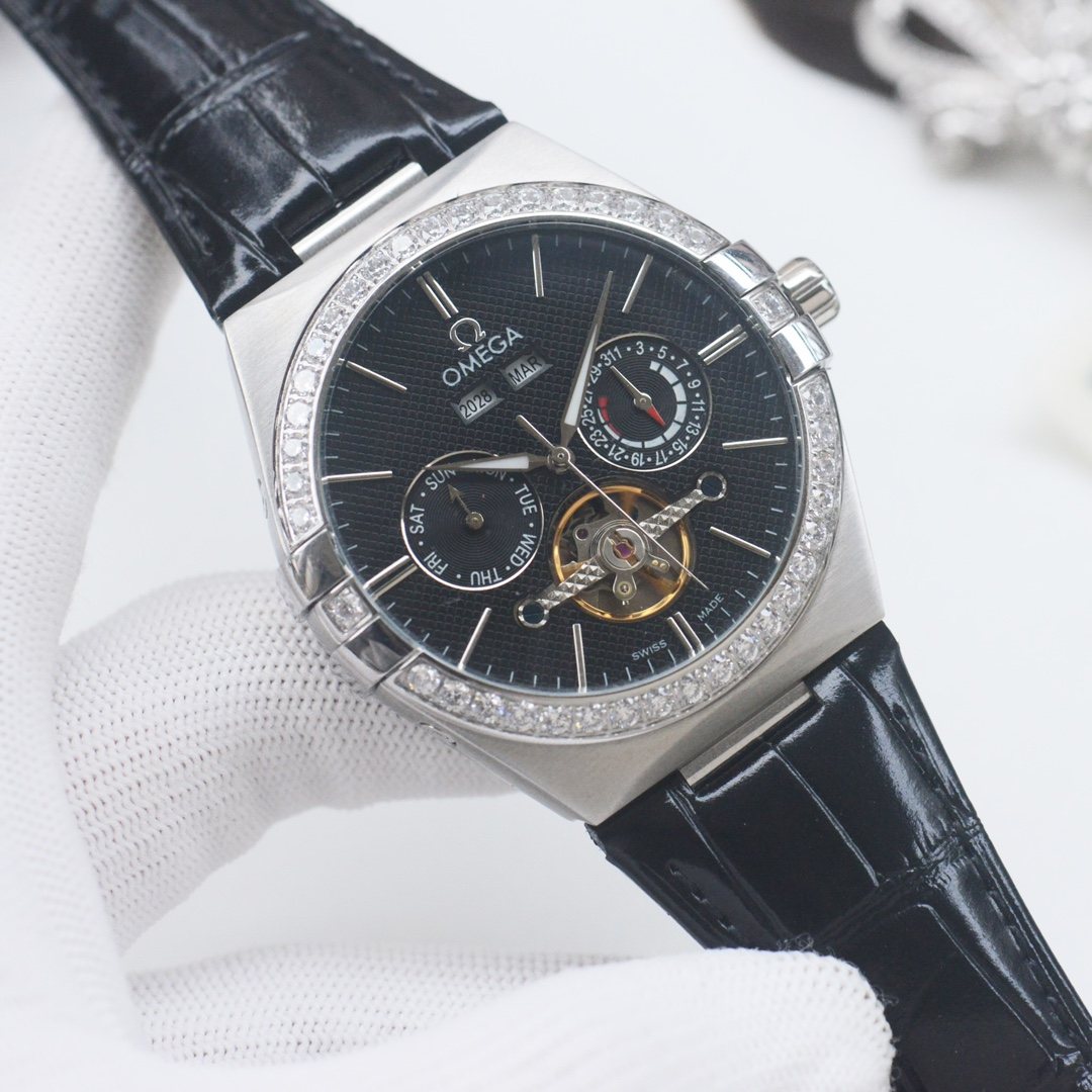 OMEGA Silver Black Dial Strap Watch — hero