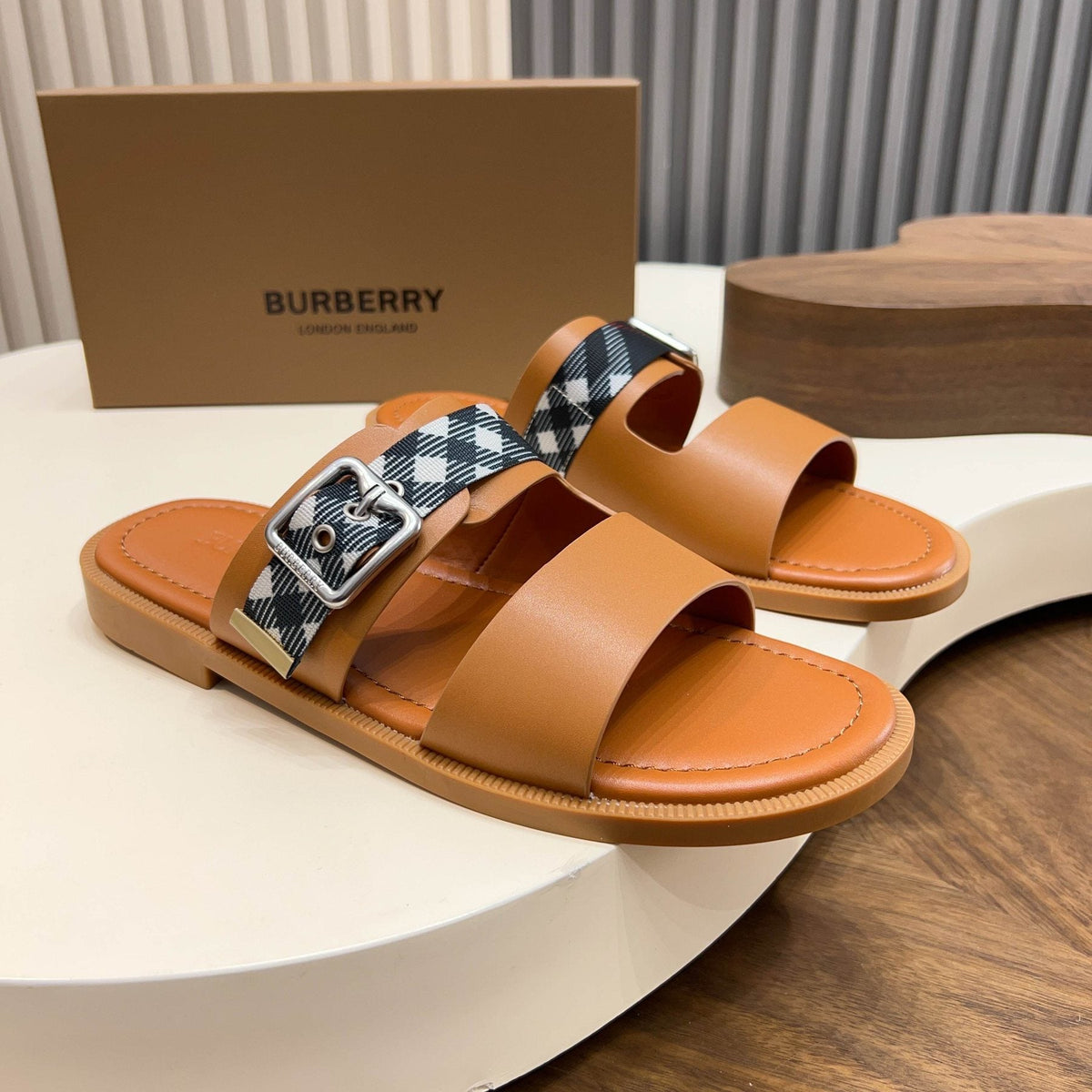 Burberry Plaid Buckle Slide Sandals — front