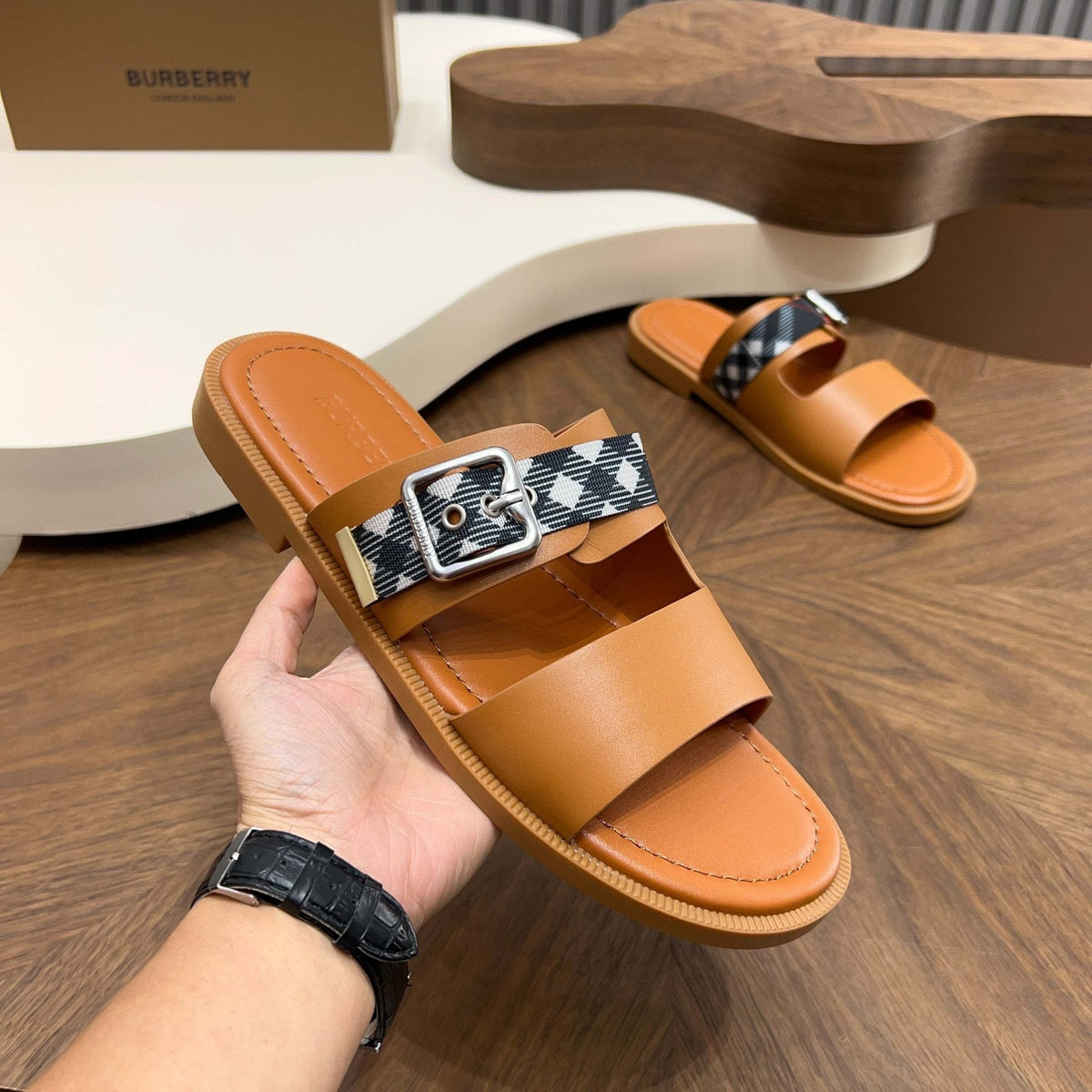 Burberry Plaid Buckle Slide Sandals — front