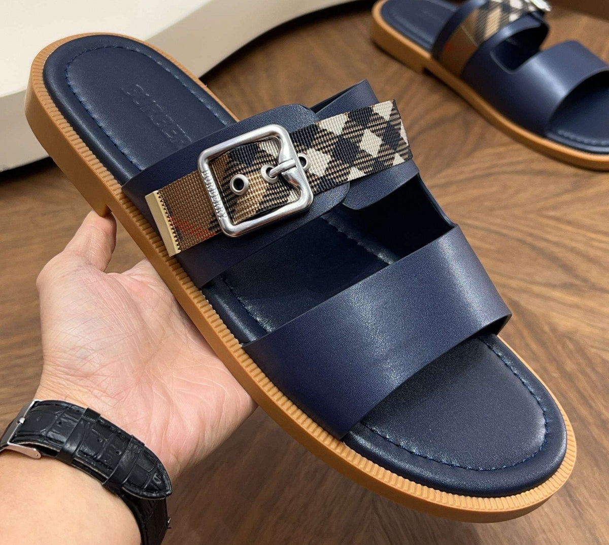Burberry Plaid Buckle Slide Sandals — front