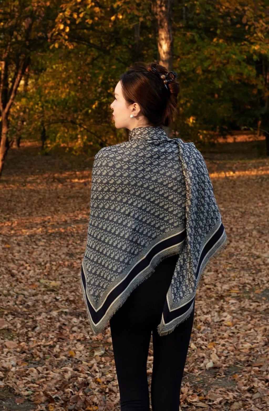 Dior Fringed Monogram Shawl Scarf — model