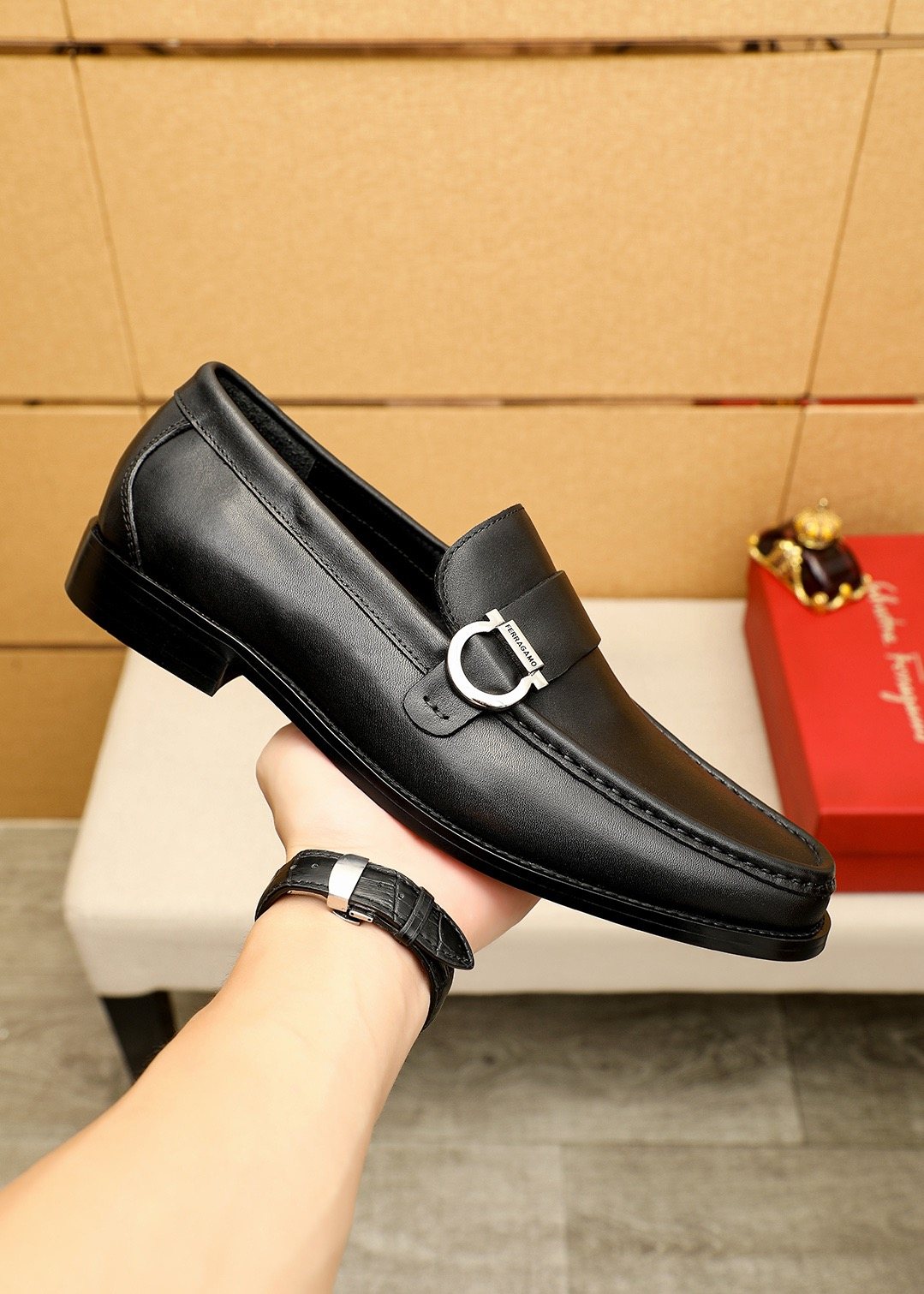Ferragamo Leather Buckle Loafers — model