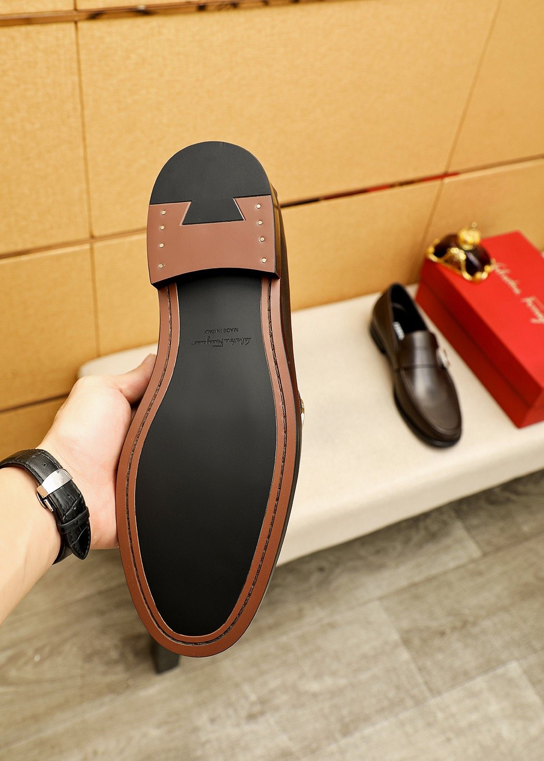 Ferragamo Leather Buckle Loafers — model