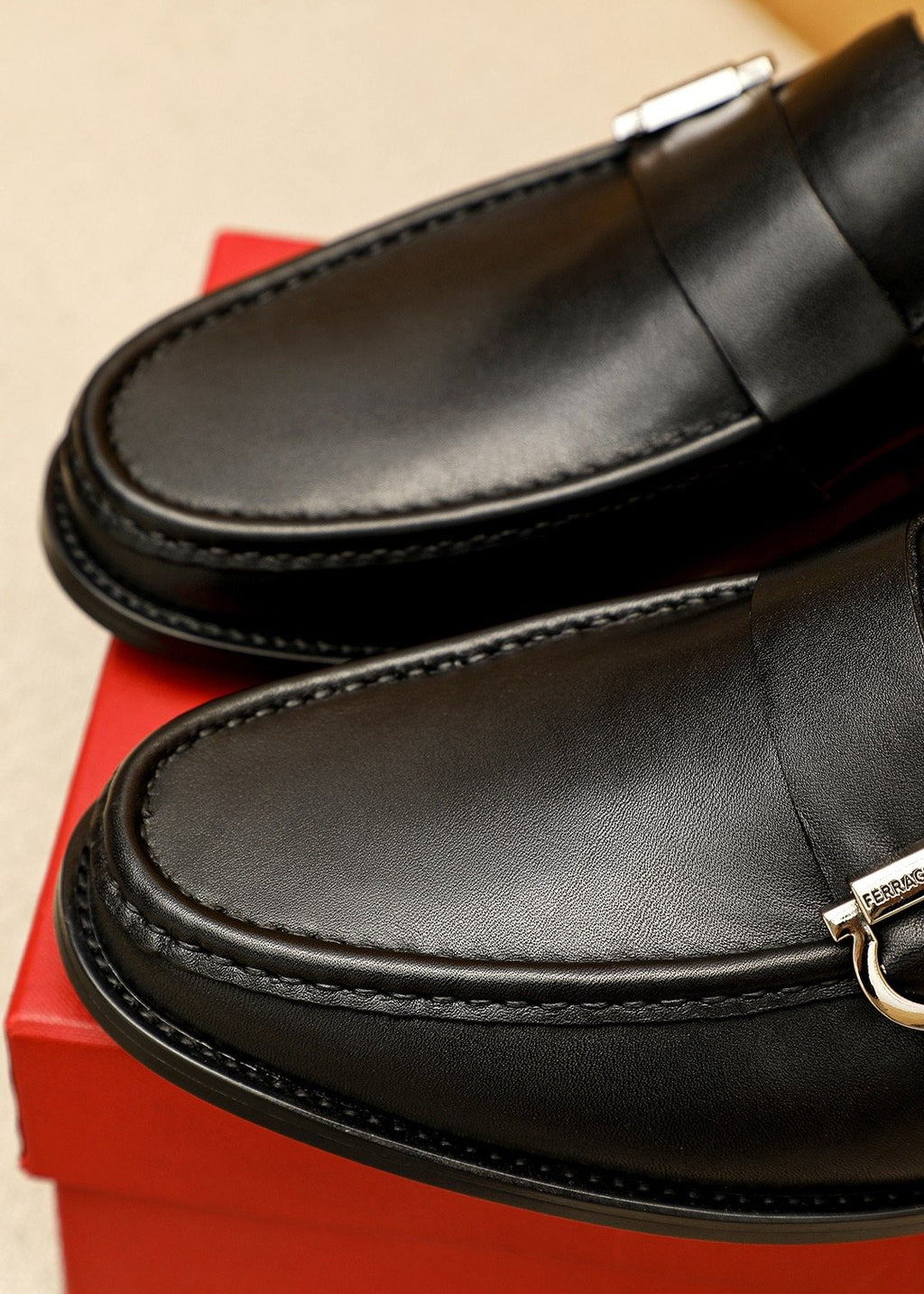 Ferragamo Leather Buckle Loafers — detail