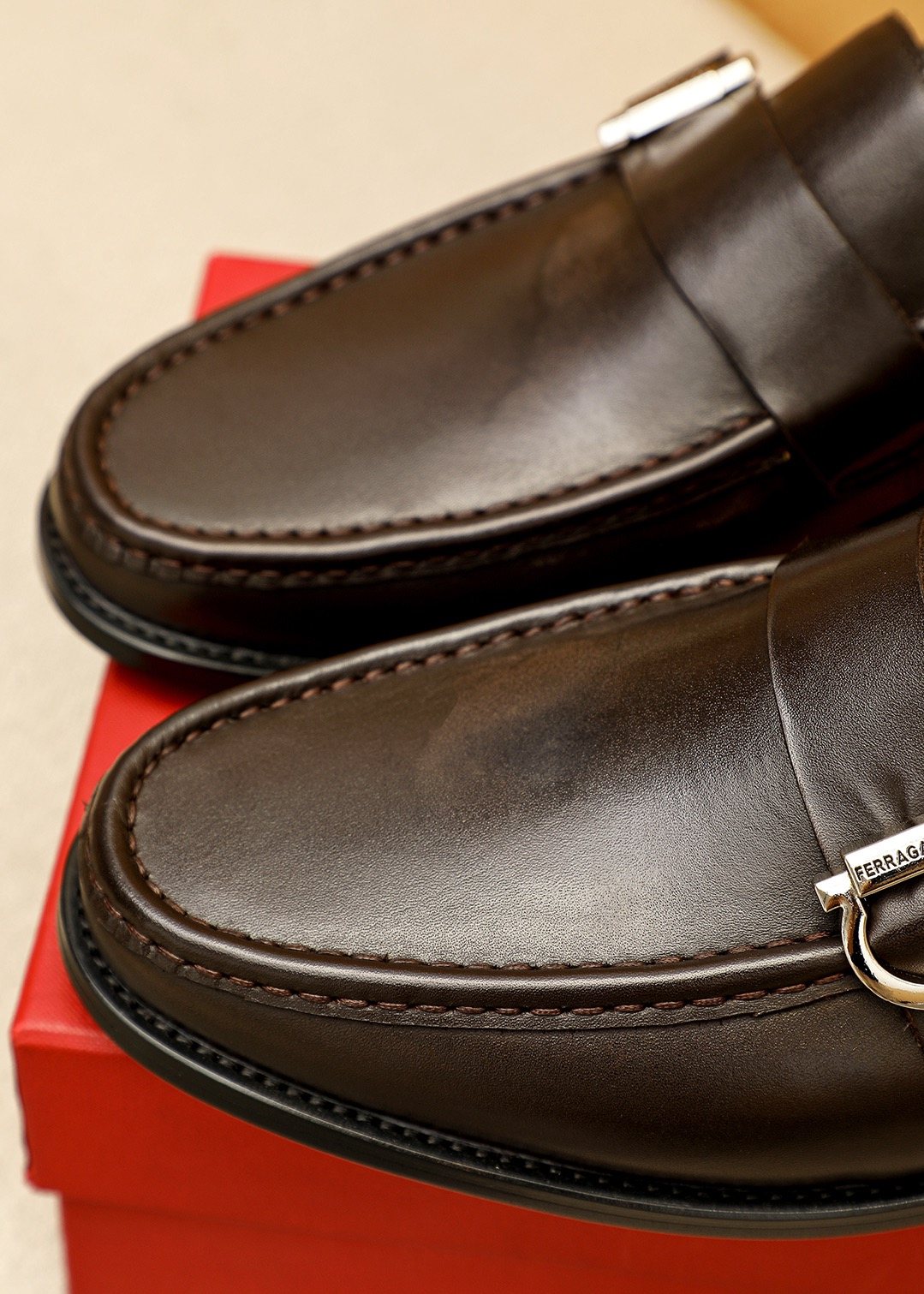 Ferragamo Leather Buckle Loafers — detail
