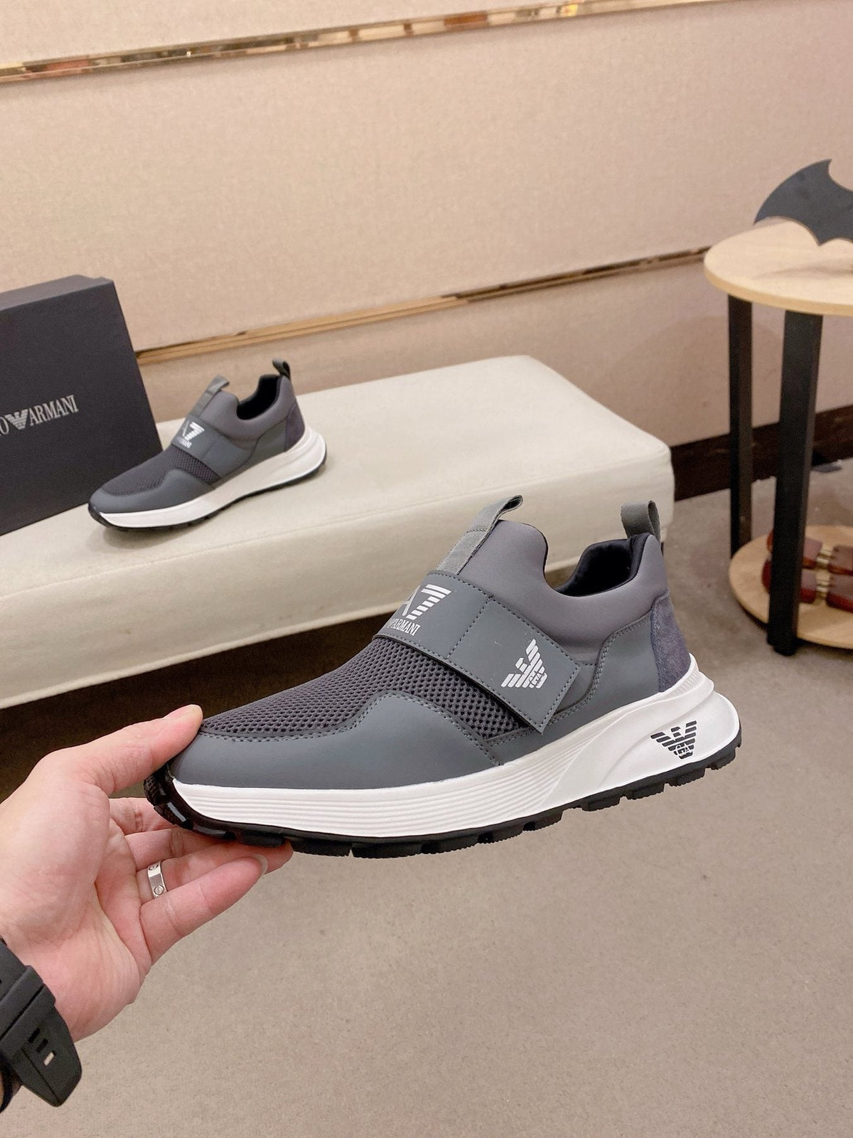 Emporio Armani Branded Strap Slip-On Sneakers — model