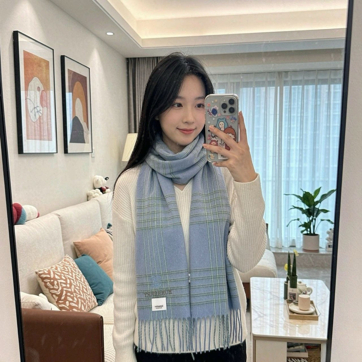 Burberry Light Blue Plaid Fringed Scarf — model