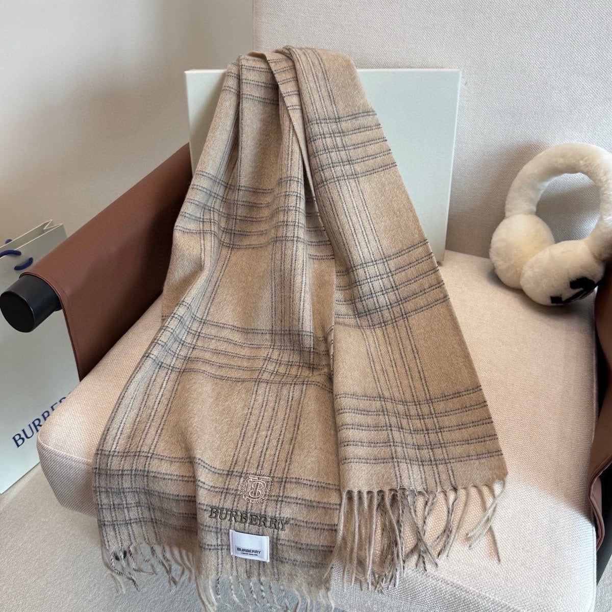 Burberry Light Blue Plaid Fringed Scarf — front