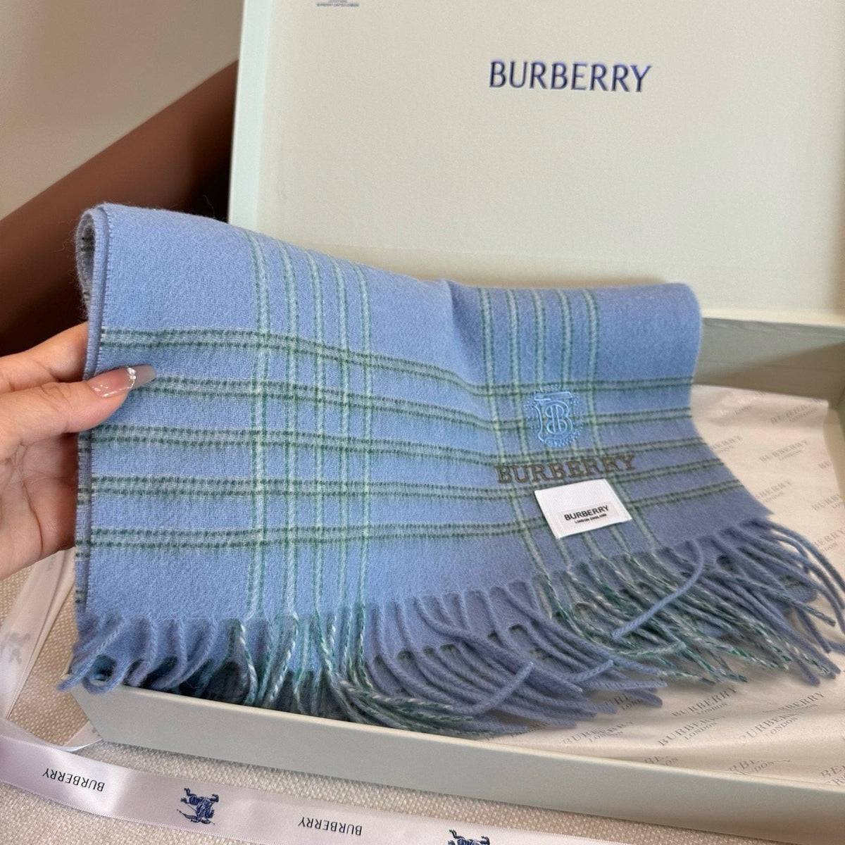 Burberry Light Blue Plaid Fringed Scarf — model
