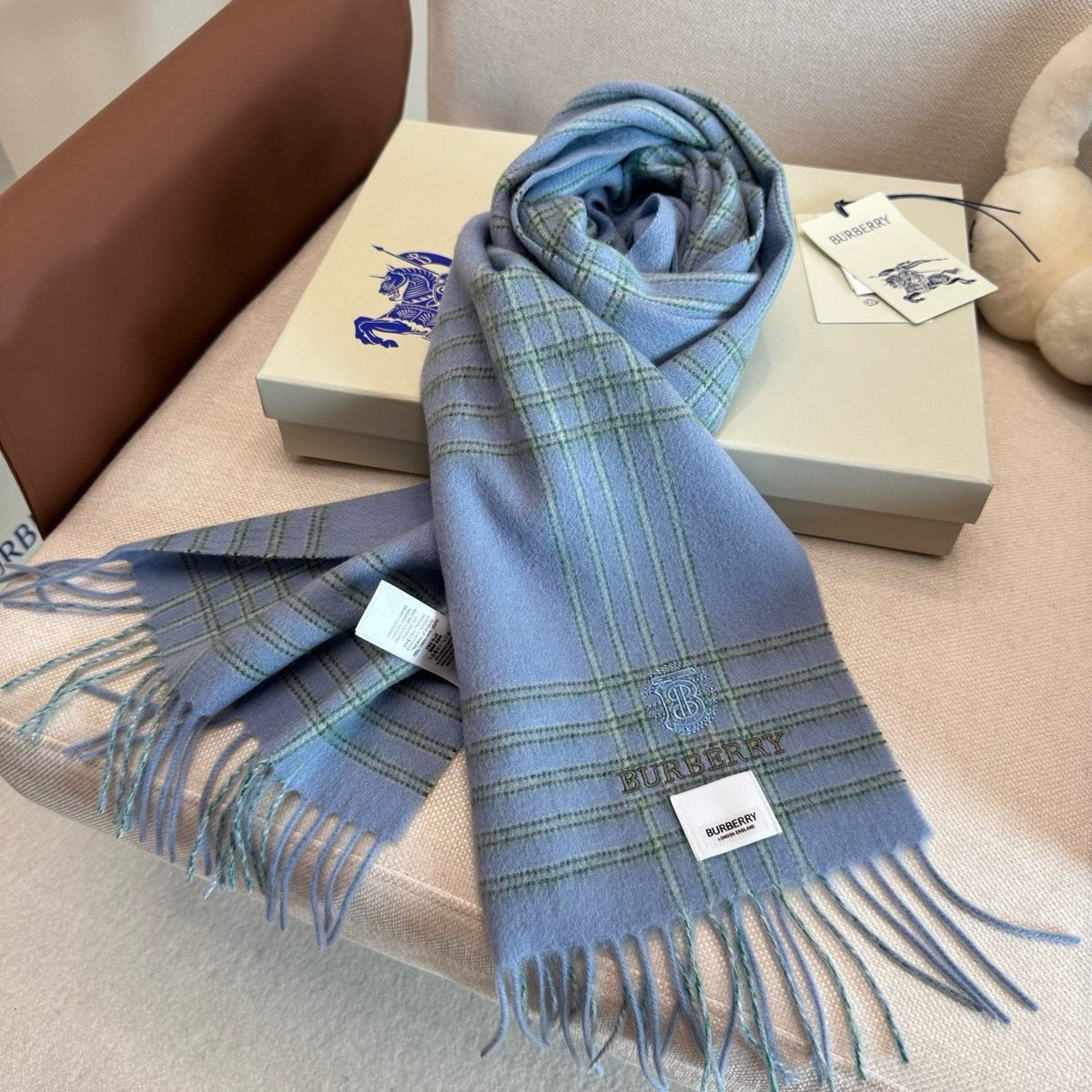 Burberry Light Blue Plaid Fringed Scarf — side