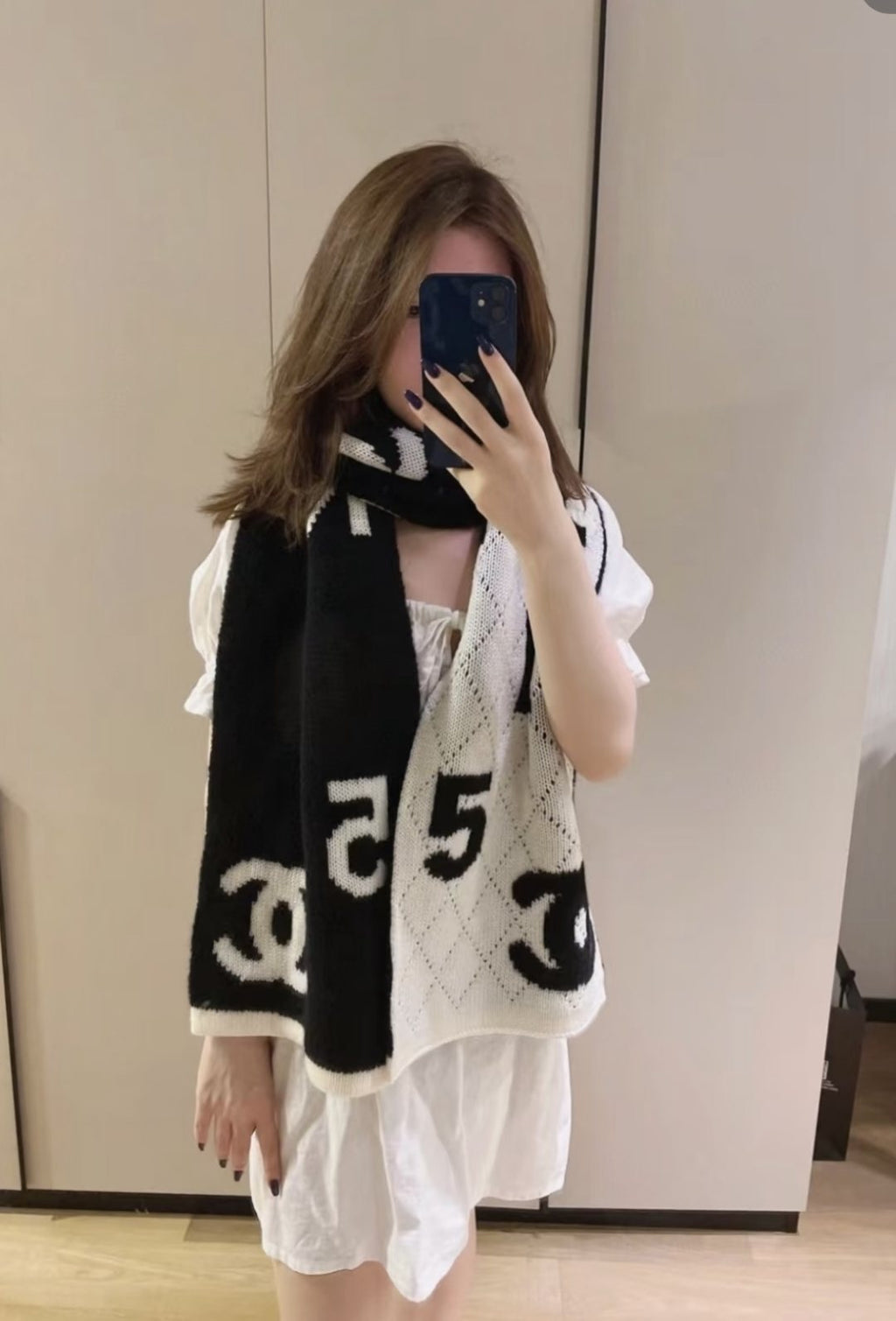 Chanel Beige and Cream Motif Knitted Scarf — model