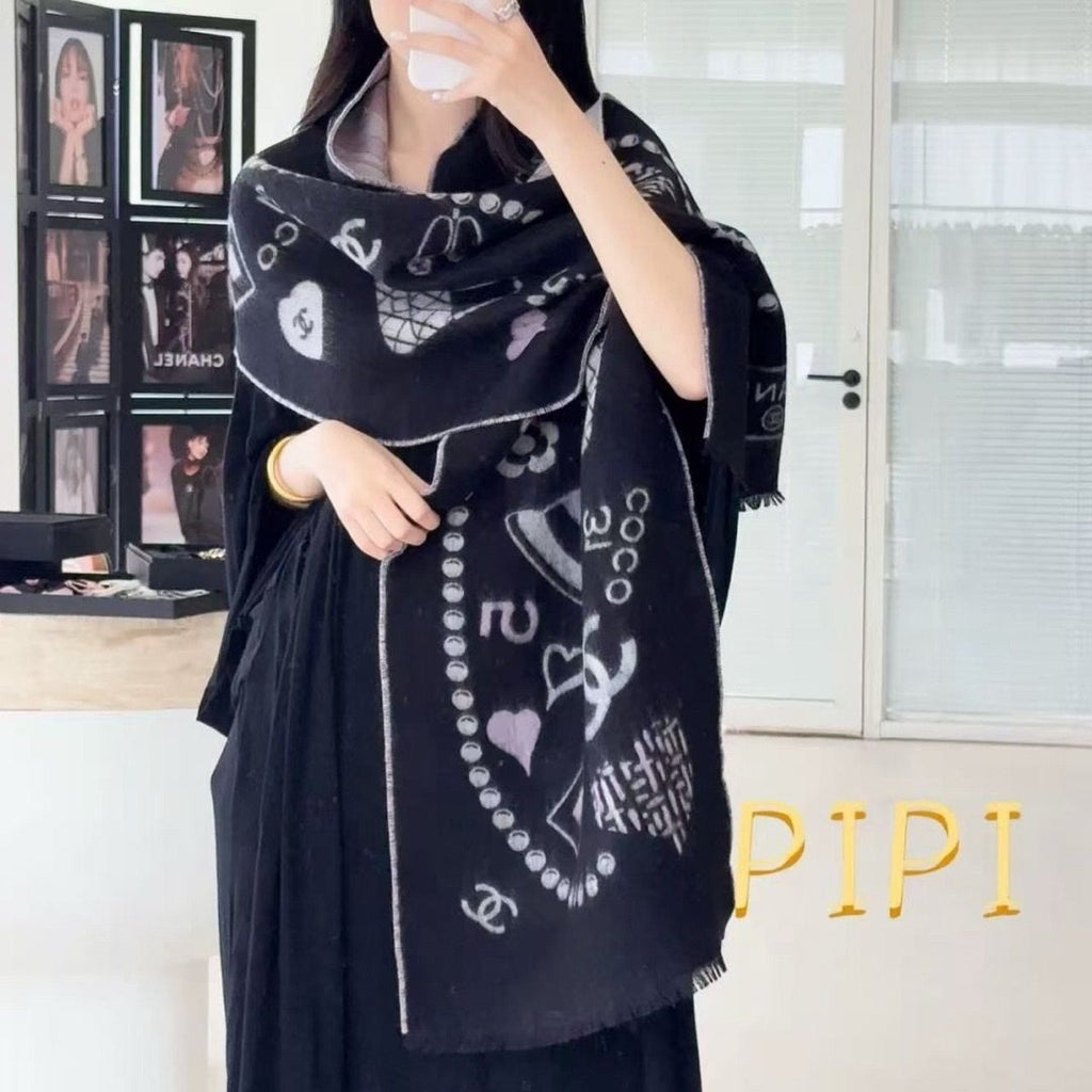 Chanel Black Pearl Motif Scarf — model