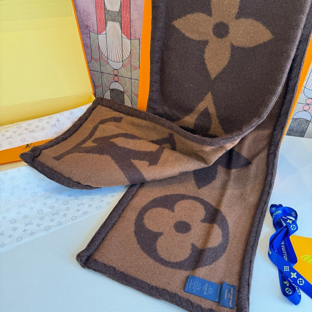 Louis Vuitton Brown and Tan Motif Scarf — detail