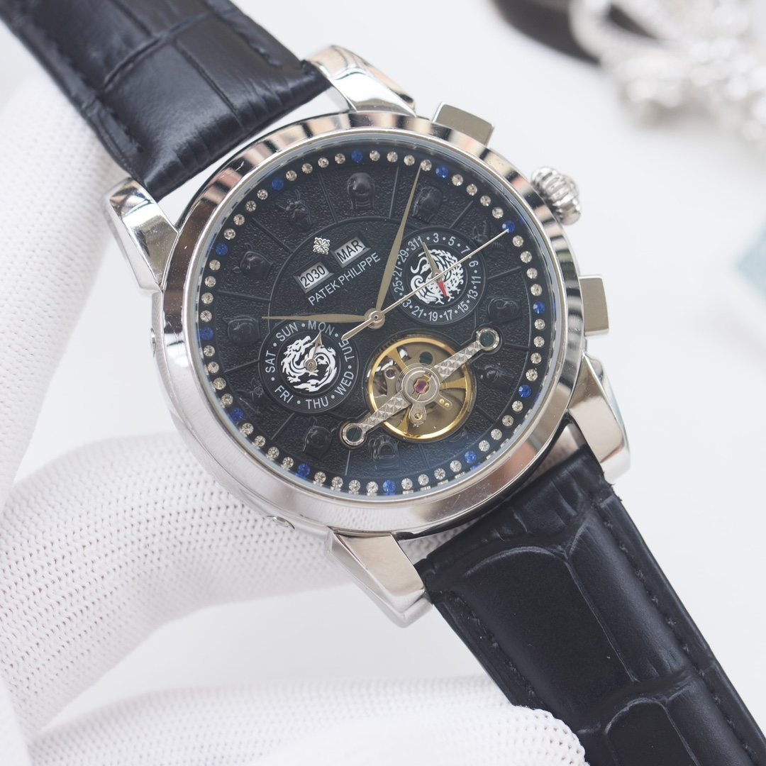 PATEK PHILIPPE Silver Black Dial Strap Watch — hero