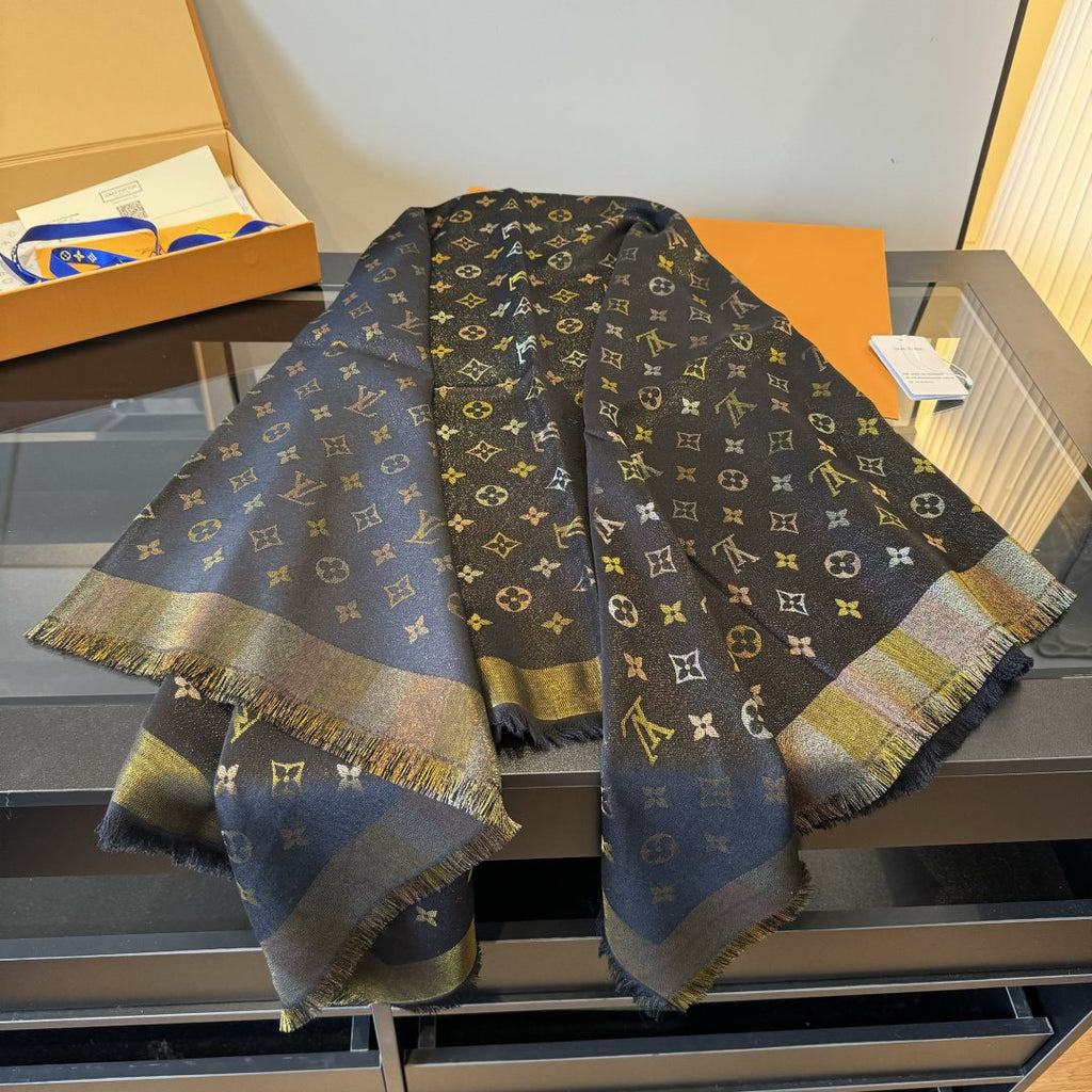 Louis Vuitton Charcoal Gold Monogram Fringed Shawl — front