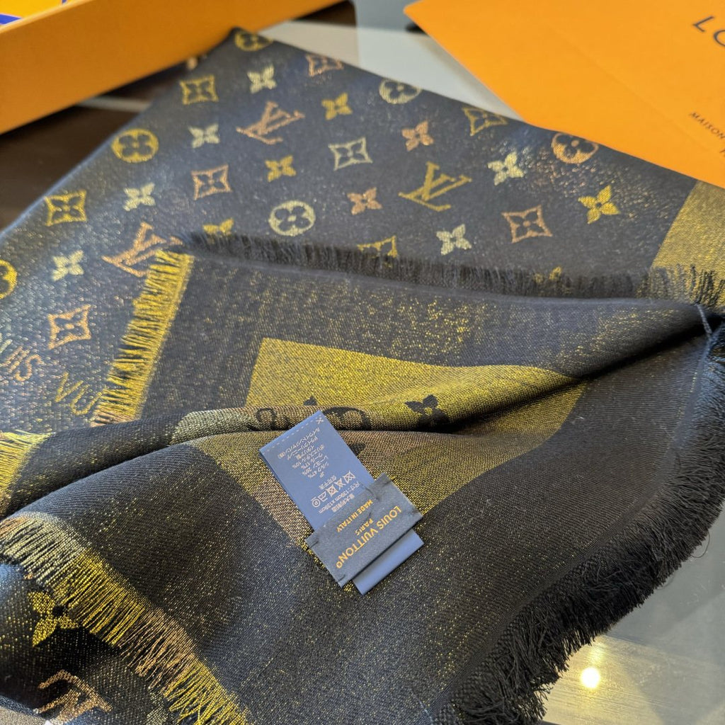 Louis Vuitton Charcoal Gold Monogram Fringed Shawl — detail