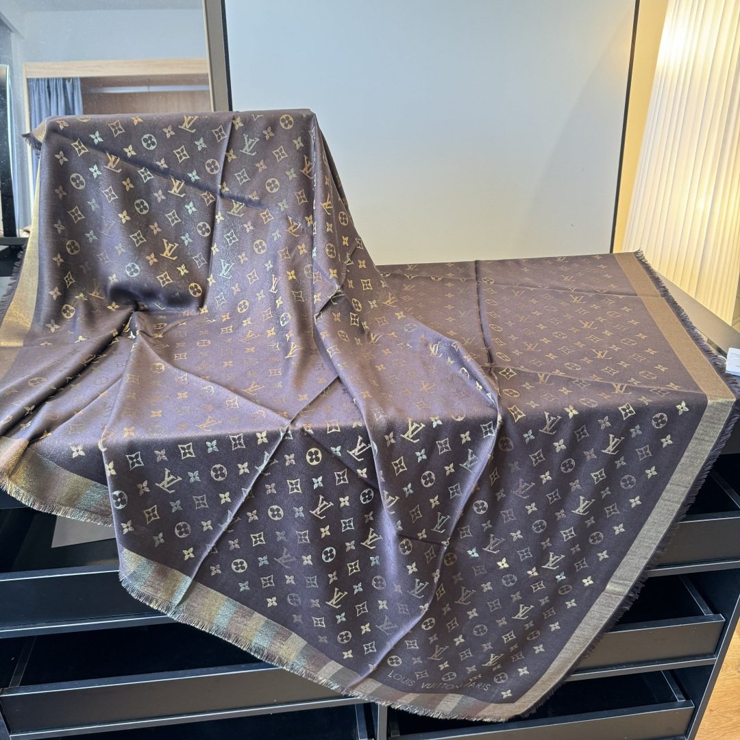 Louis Vuitton Charcoal Gold Monogram Fringed Shawl — front