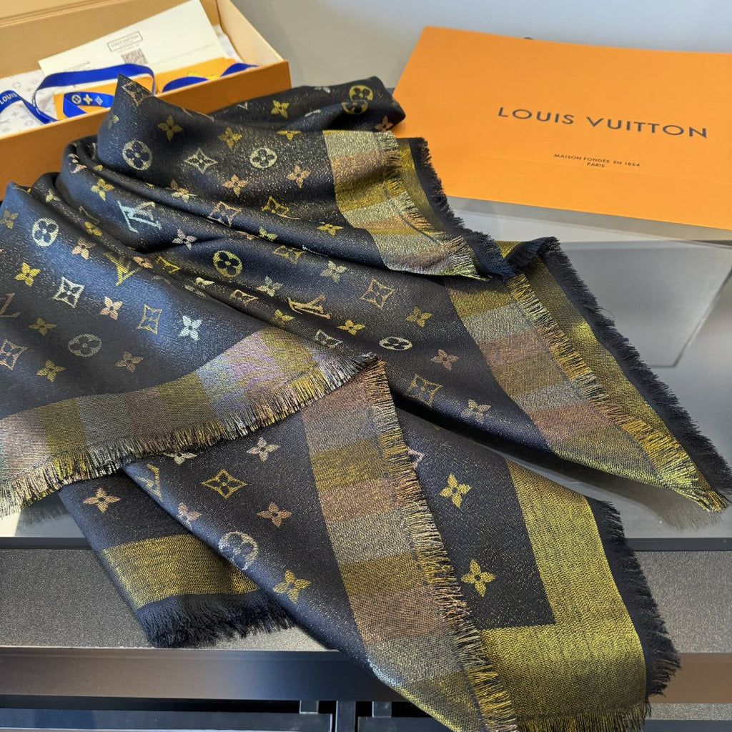 Louis Vuitton Charcoal Gold Monogram Fringed Shawl — side