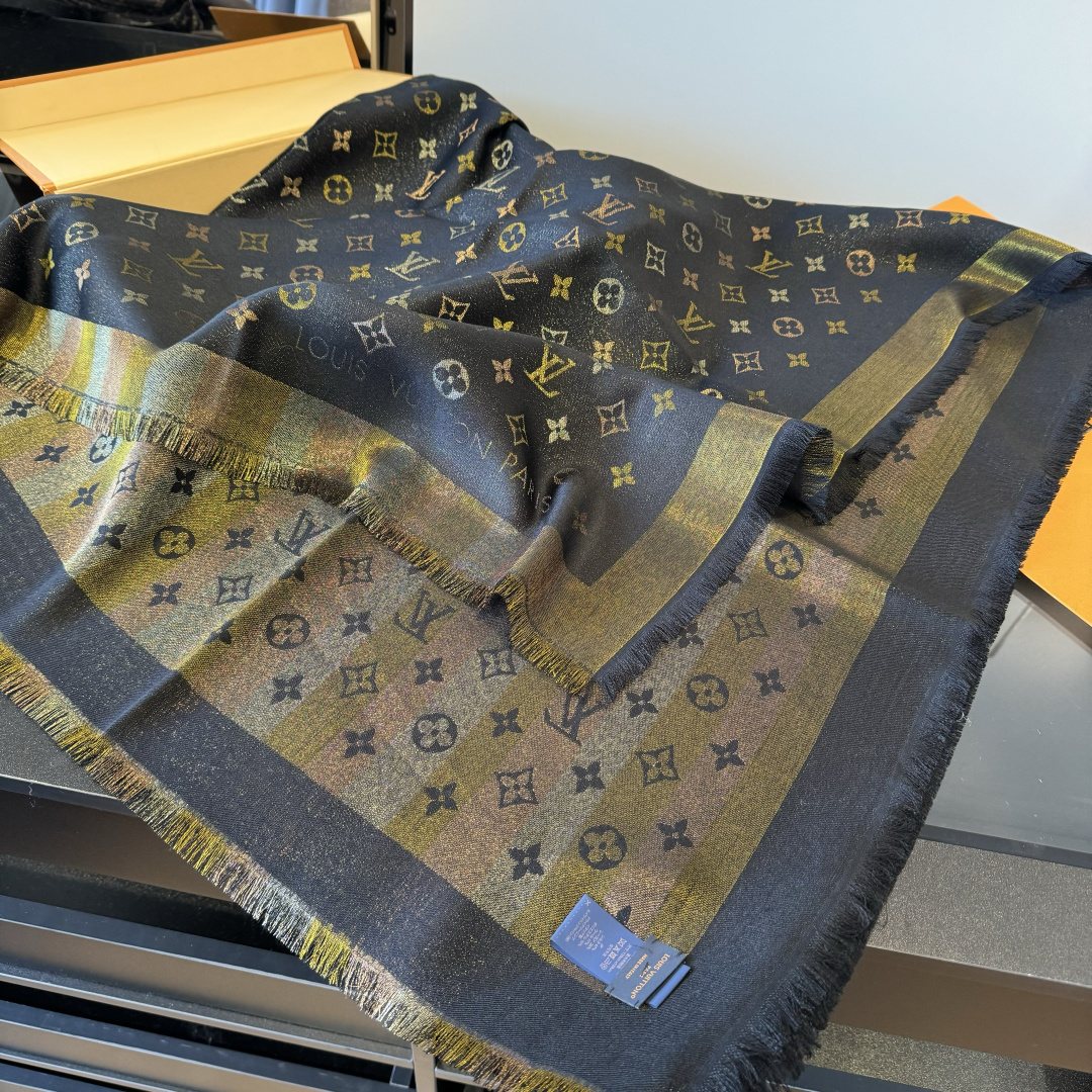 Louis Vuitton Charcoal Gold Monogram Fringed Shawl — front