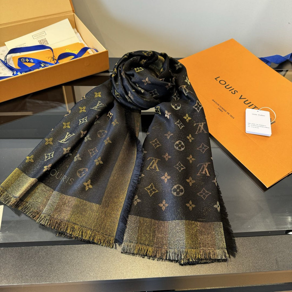 Louis Vuitton Charcoal Gold Monogram Fringed Shawl — front