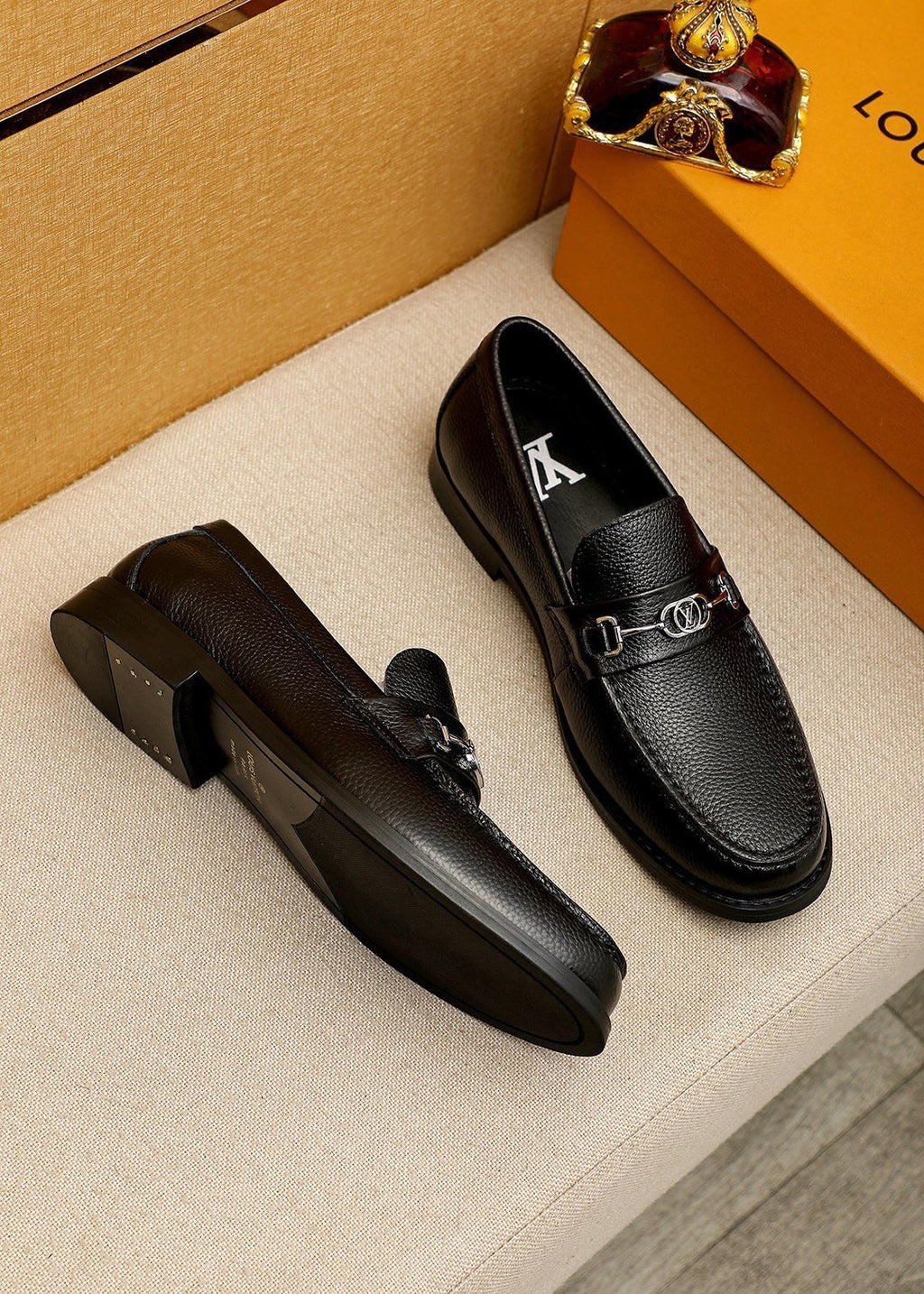 Louis Vuitton Black Leather Buckle Loafers — front