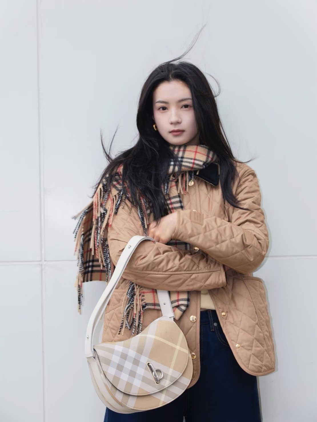 Burberry Plaid Fringe Scarf — model