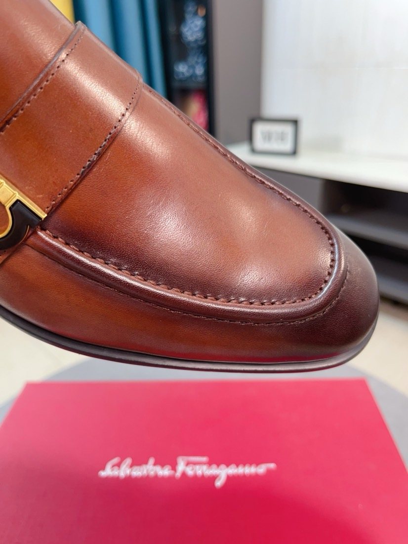 Salvatore Ferragamo Glossy Metal Ornament Loafers — detail