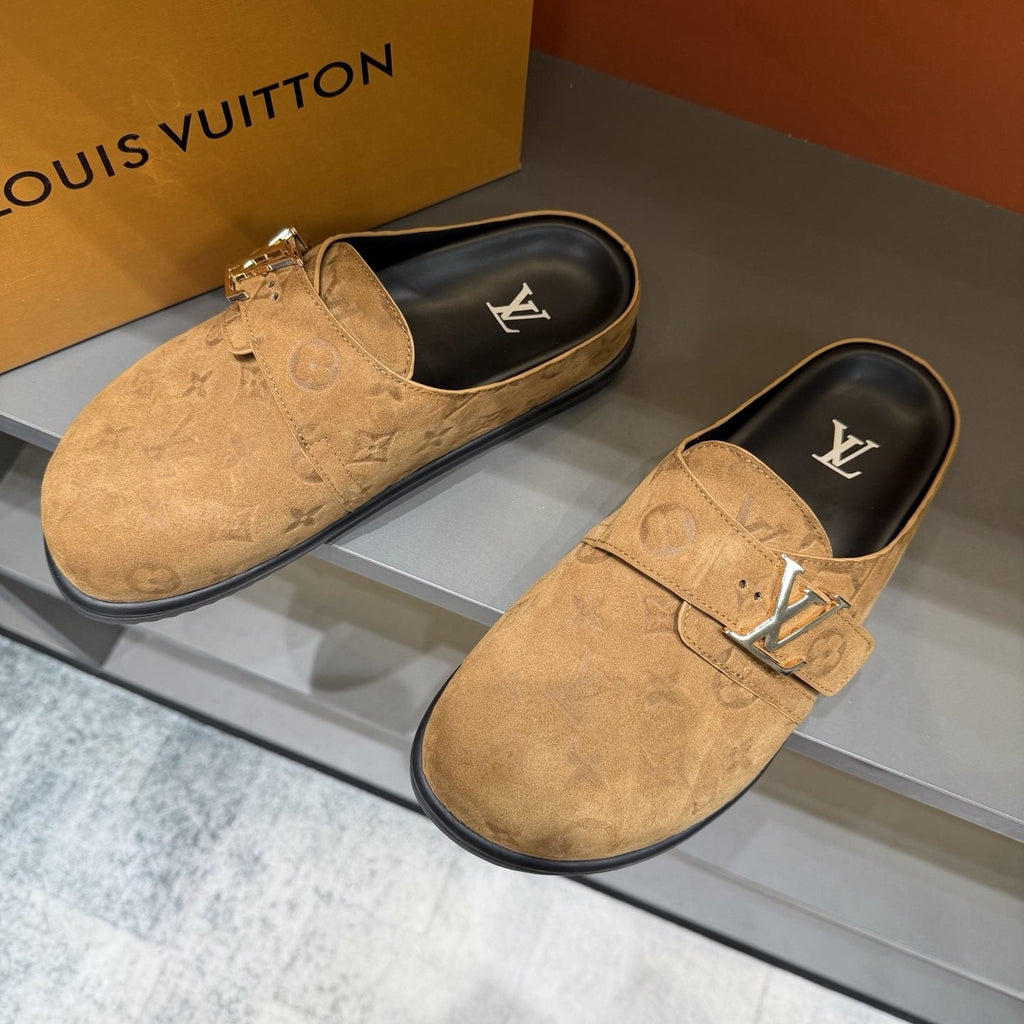Louis Vuitton Monogram Buckle Slide Sandals — front