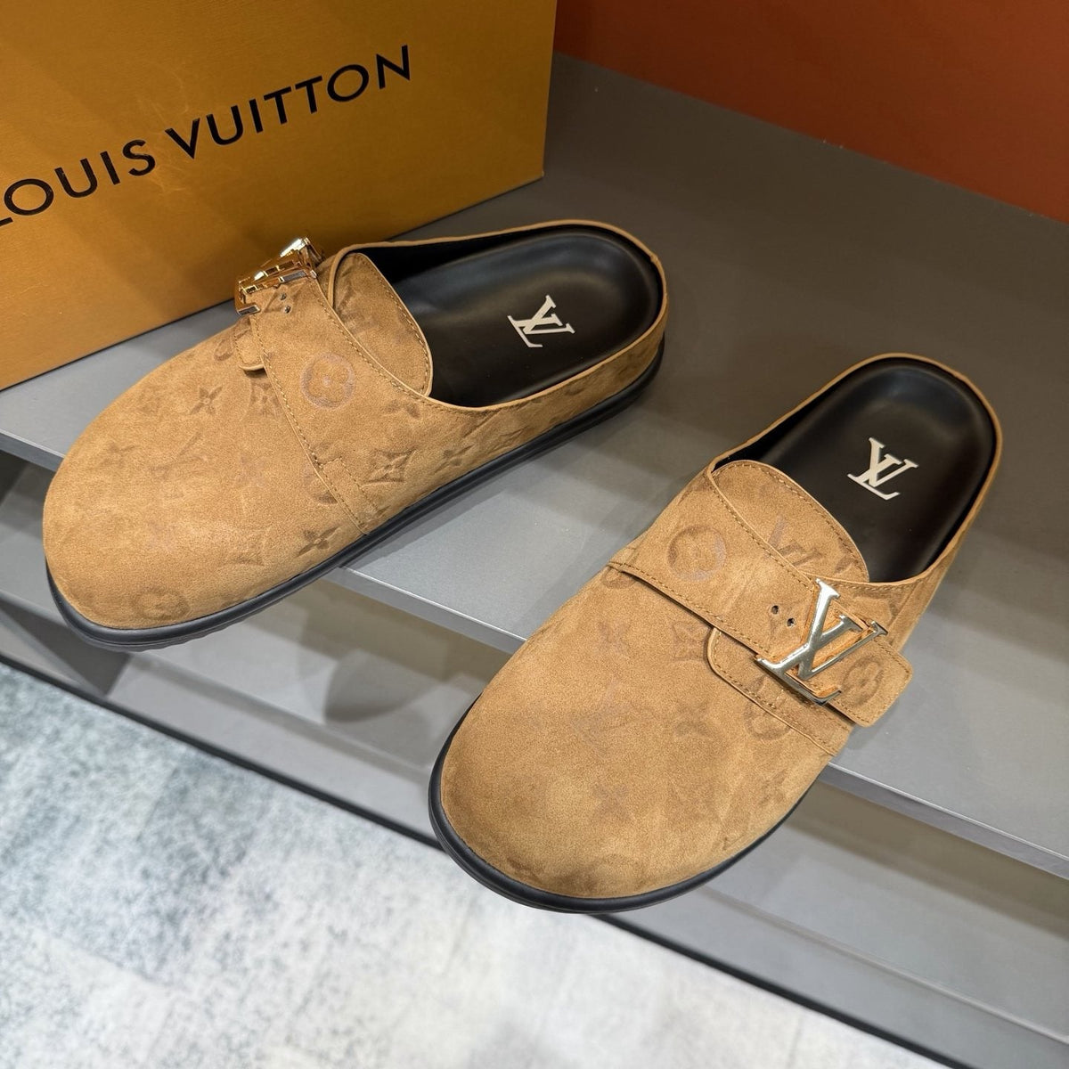 Louis Vuitton Monogram Buckle Slide Sandals — front