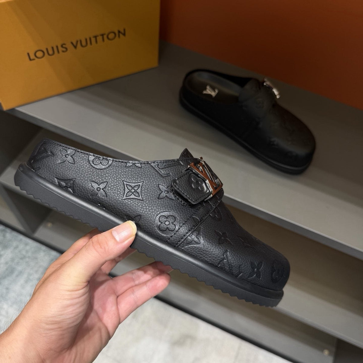 Louis Vuitton Monogram Buckle Slide Sandals — side