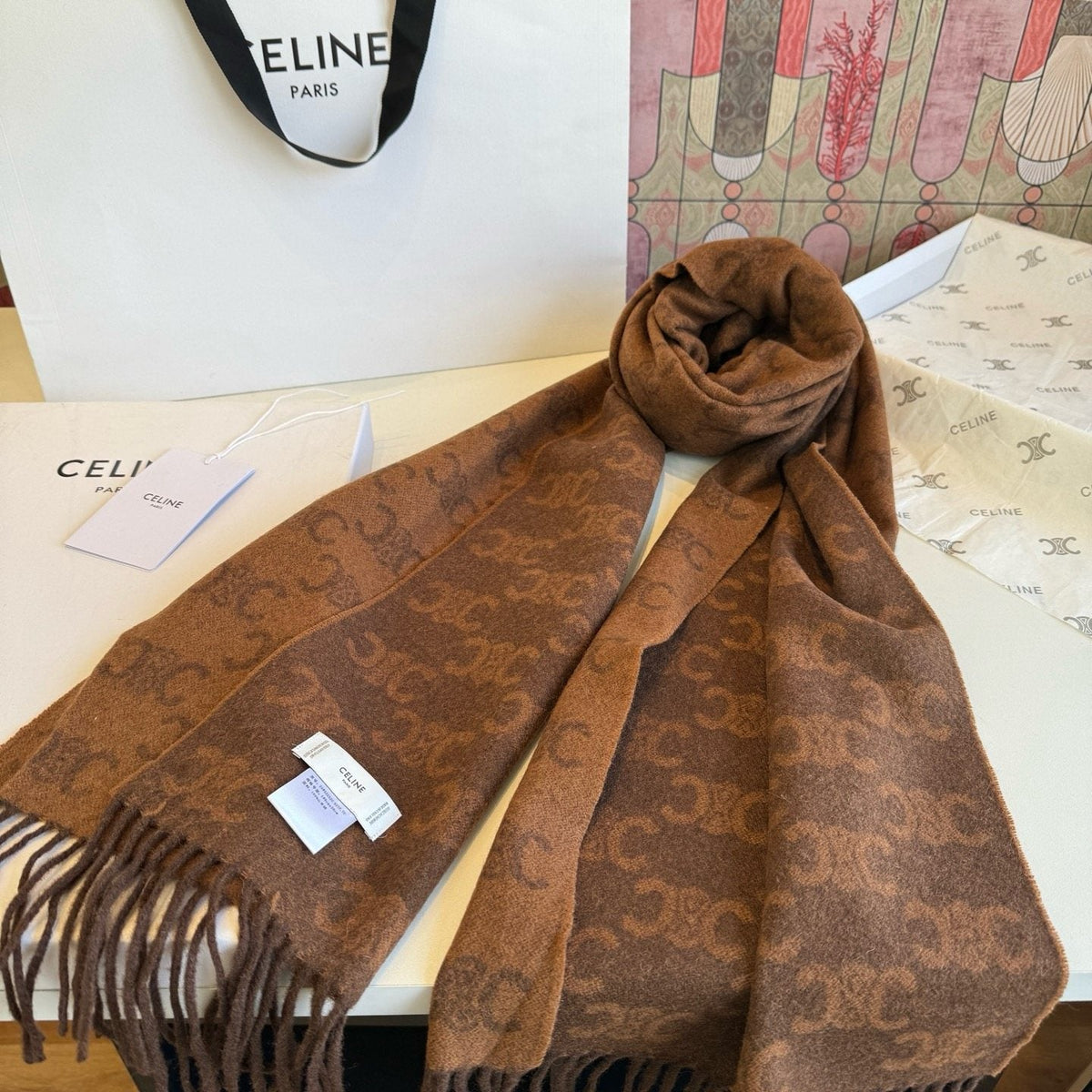 Celine Brown Patterned Fringed Scarf — side