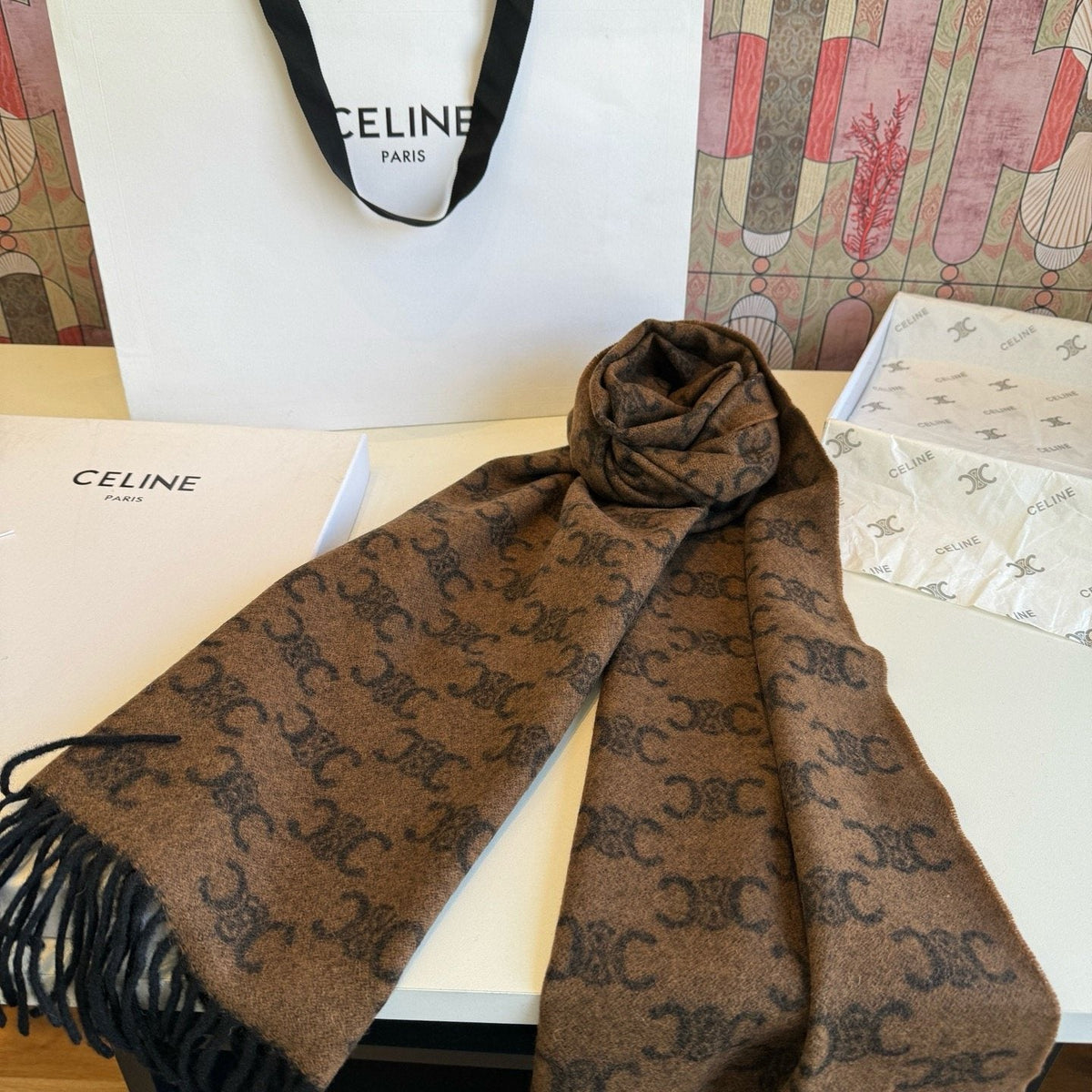 Celine Brown Patterned Fringed Scarf — front