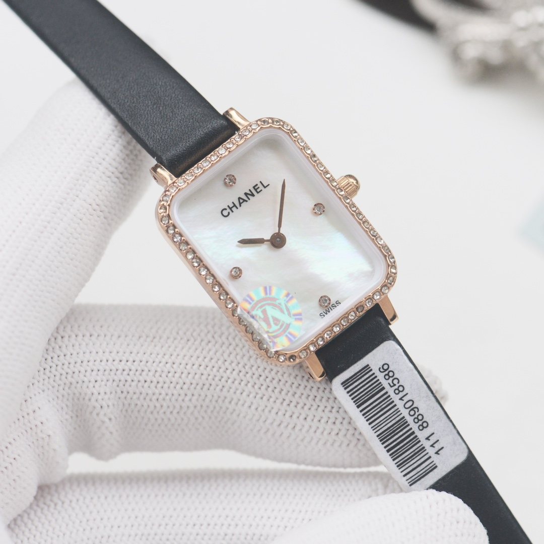 CHANEL Black Rose Gold White Dial Leather Strap Watch — hero