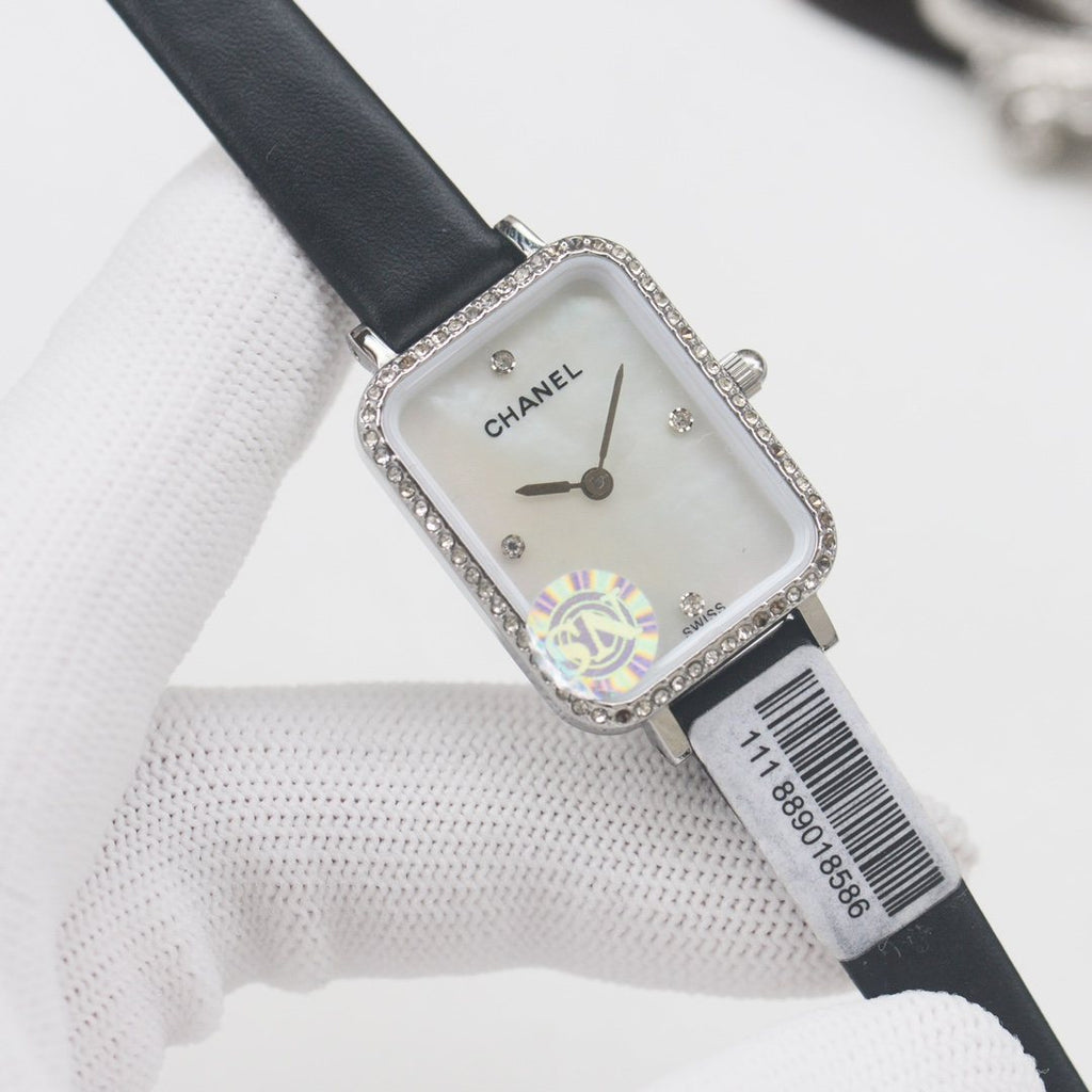 CHANEL Black Silver White Dial Leather Strap Watch — hero