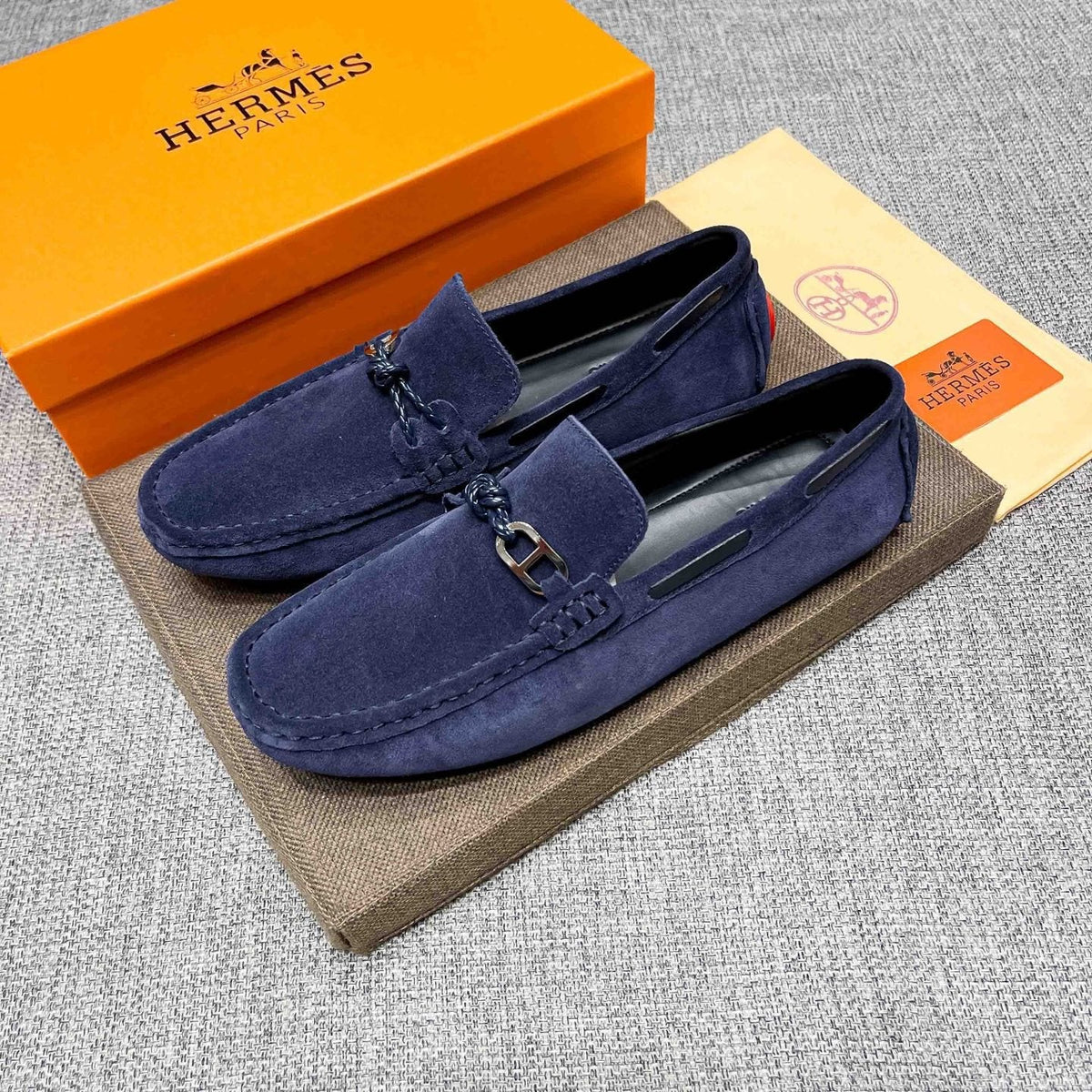 Hermès Suede-Look Driving Loafers — detail